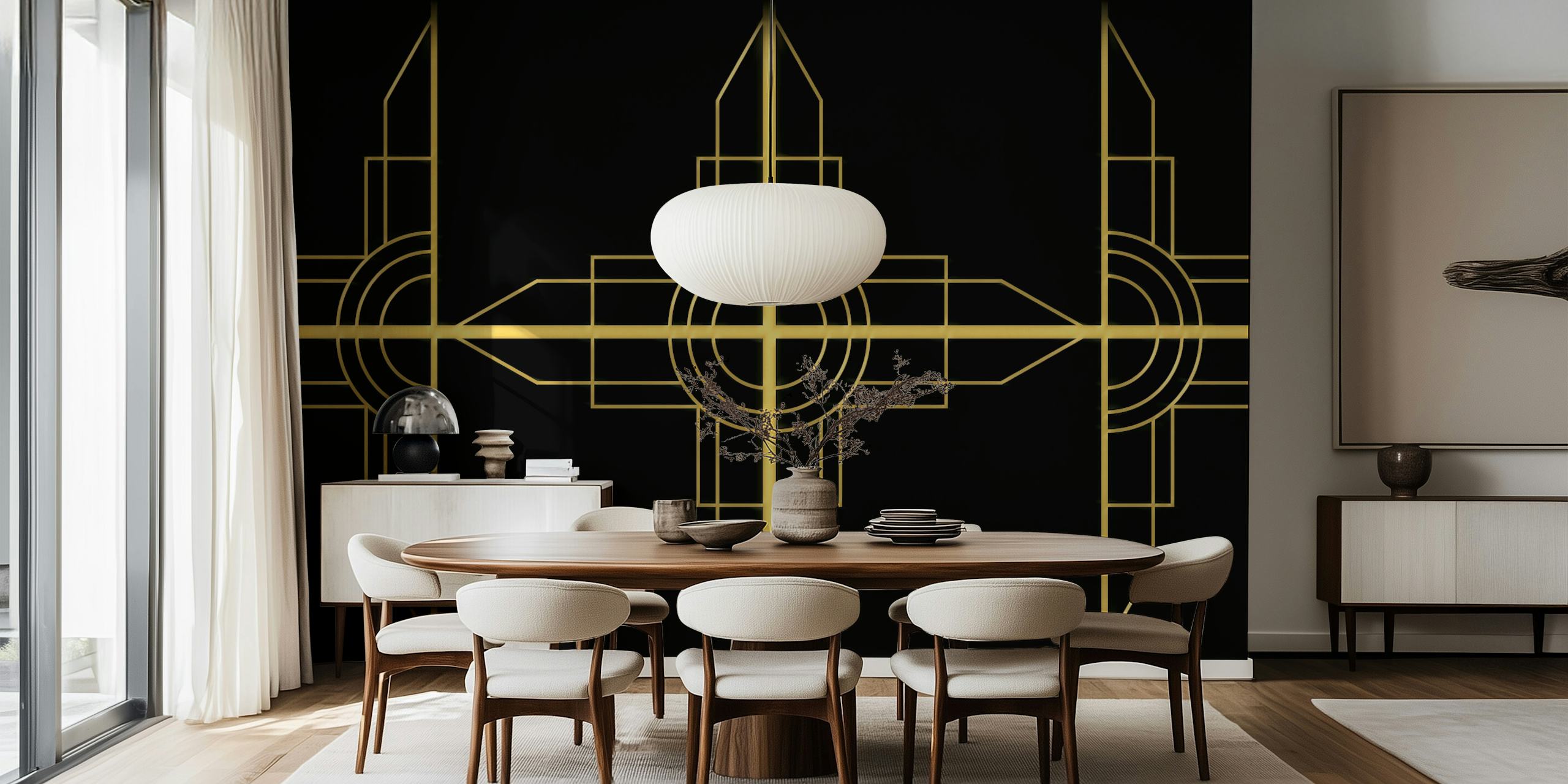 Gold geometric patterns on a black background wallpaper