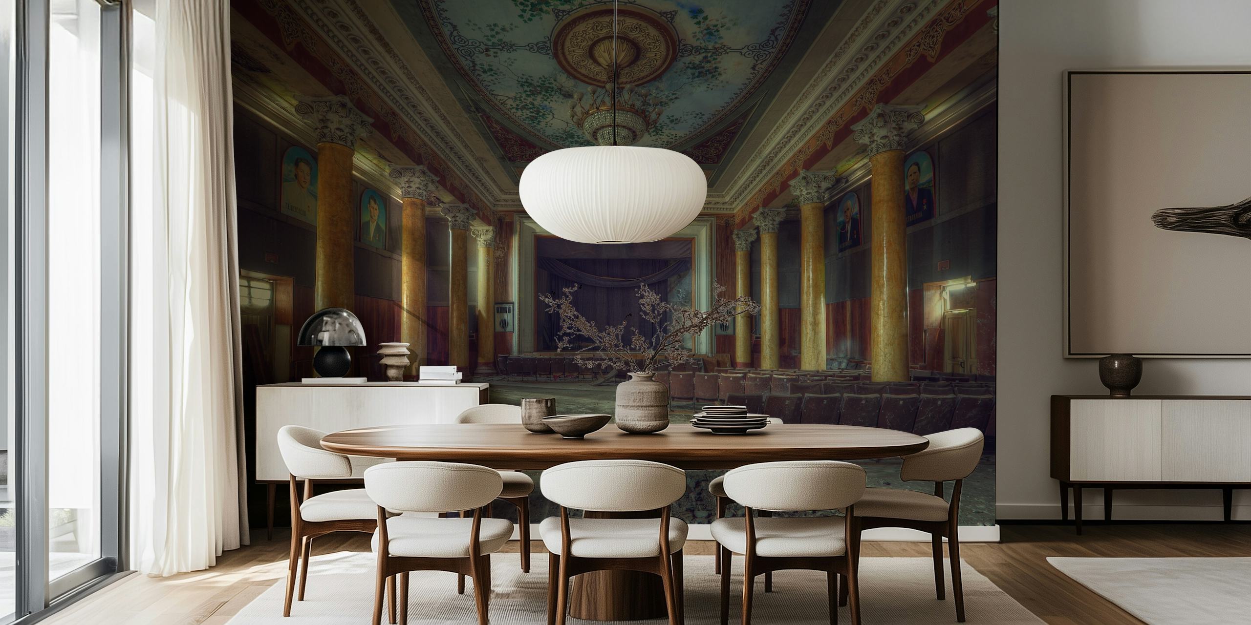 Vintage-style wall mural of an abandoned grand hall with ornate architectural details