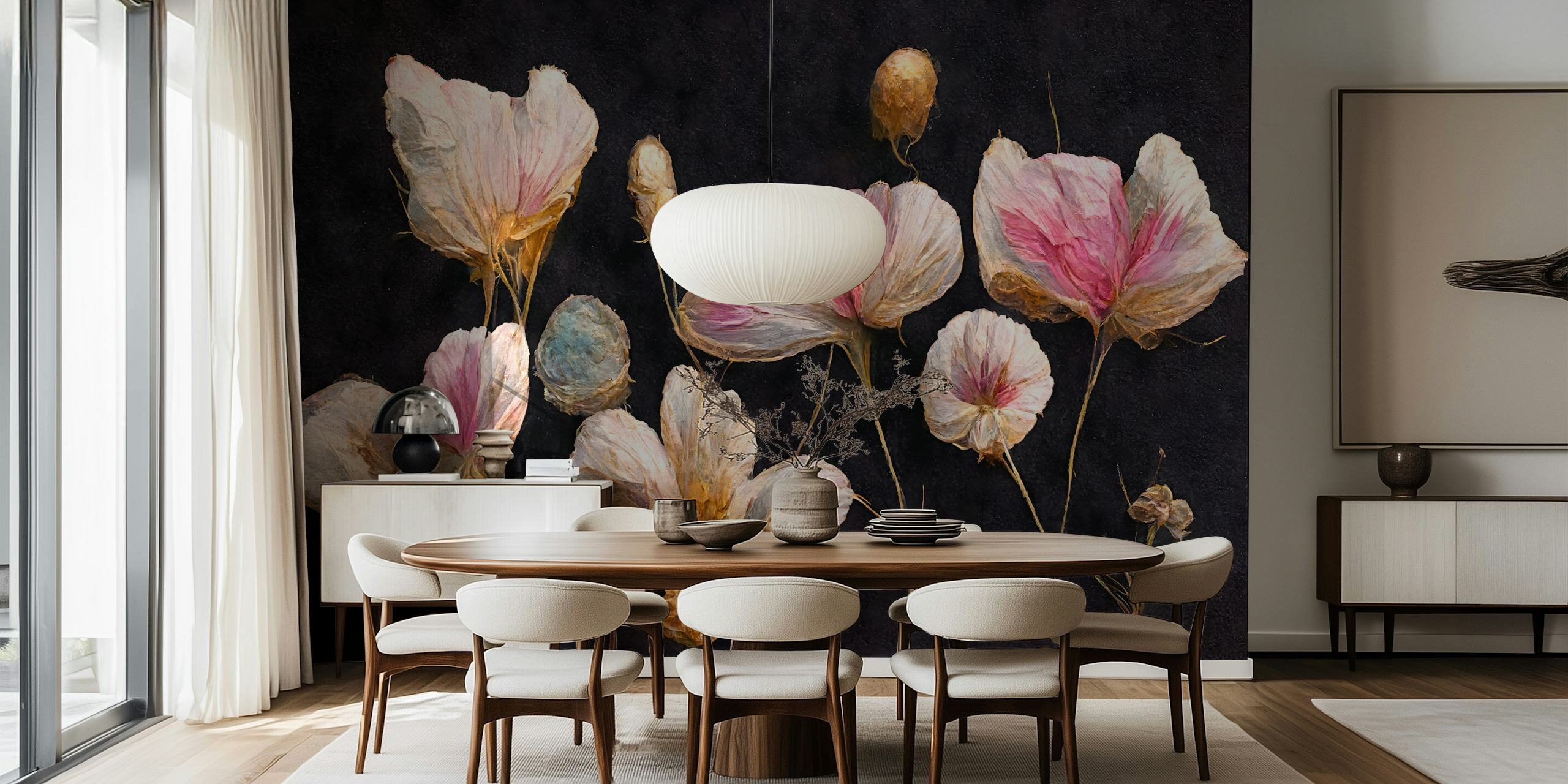 Pink dry flowers on a black background wallpaper