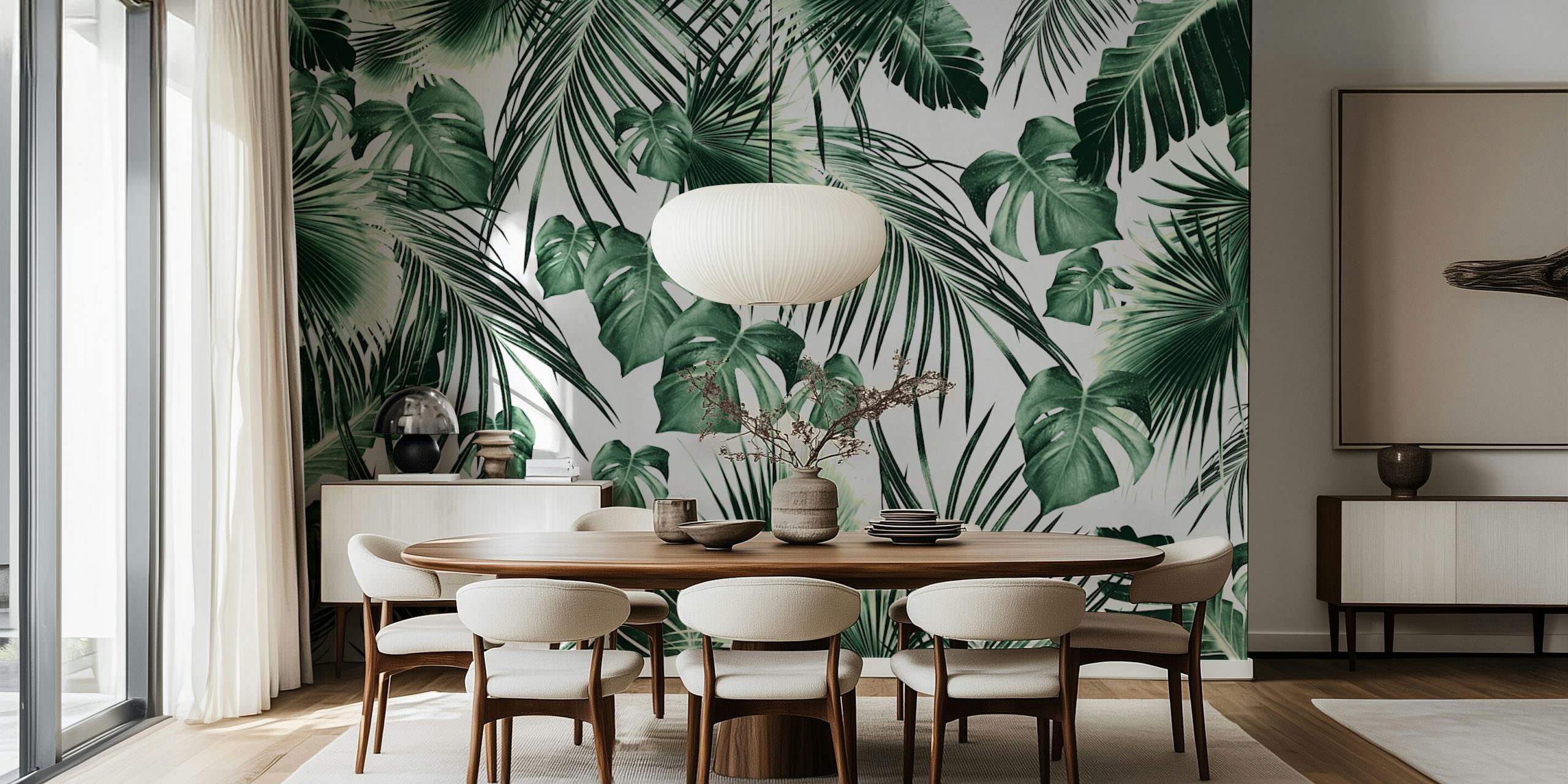 Tropical jungle leaves wallpaper in a room