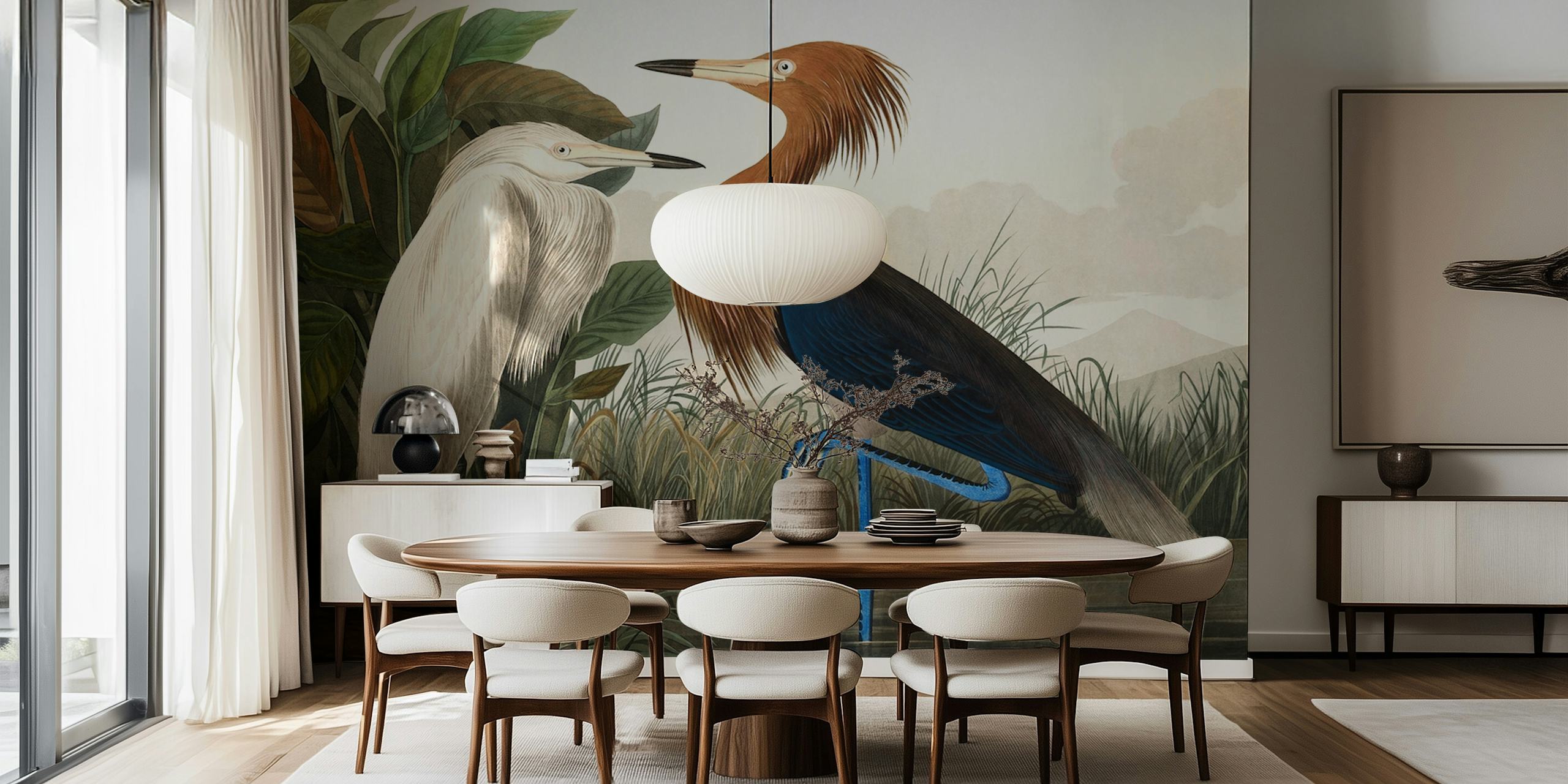 Two vintage tropical birds in a natural setting with green foliage wallpaper.