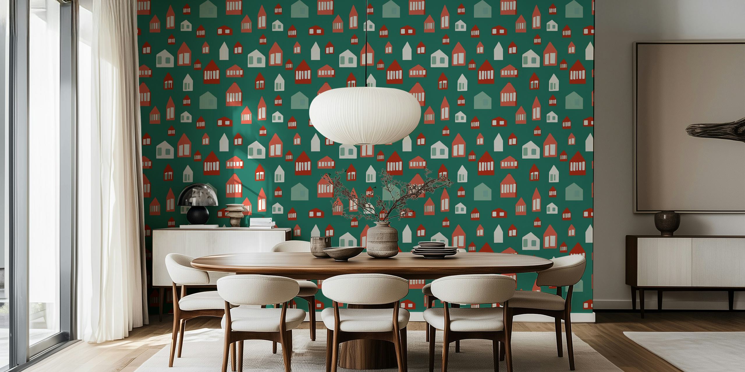 Amsterdam green wallpaper with colorful houses