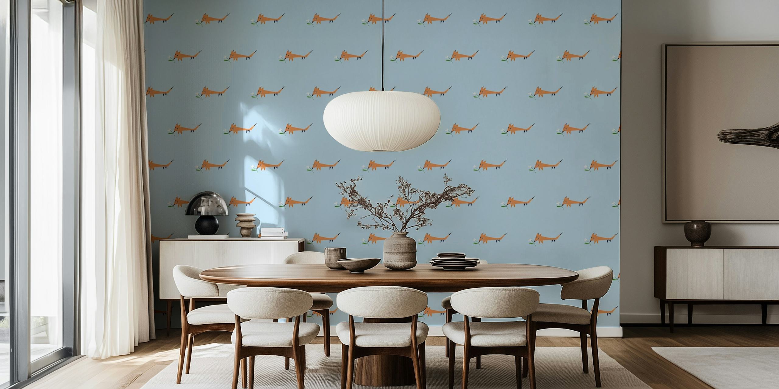 Little foxes wall mural with orange foxes on a pale blue background
