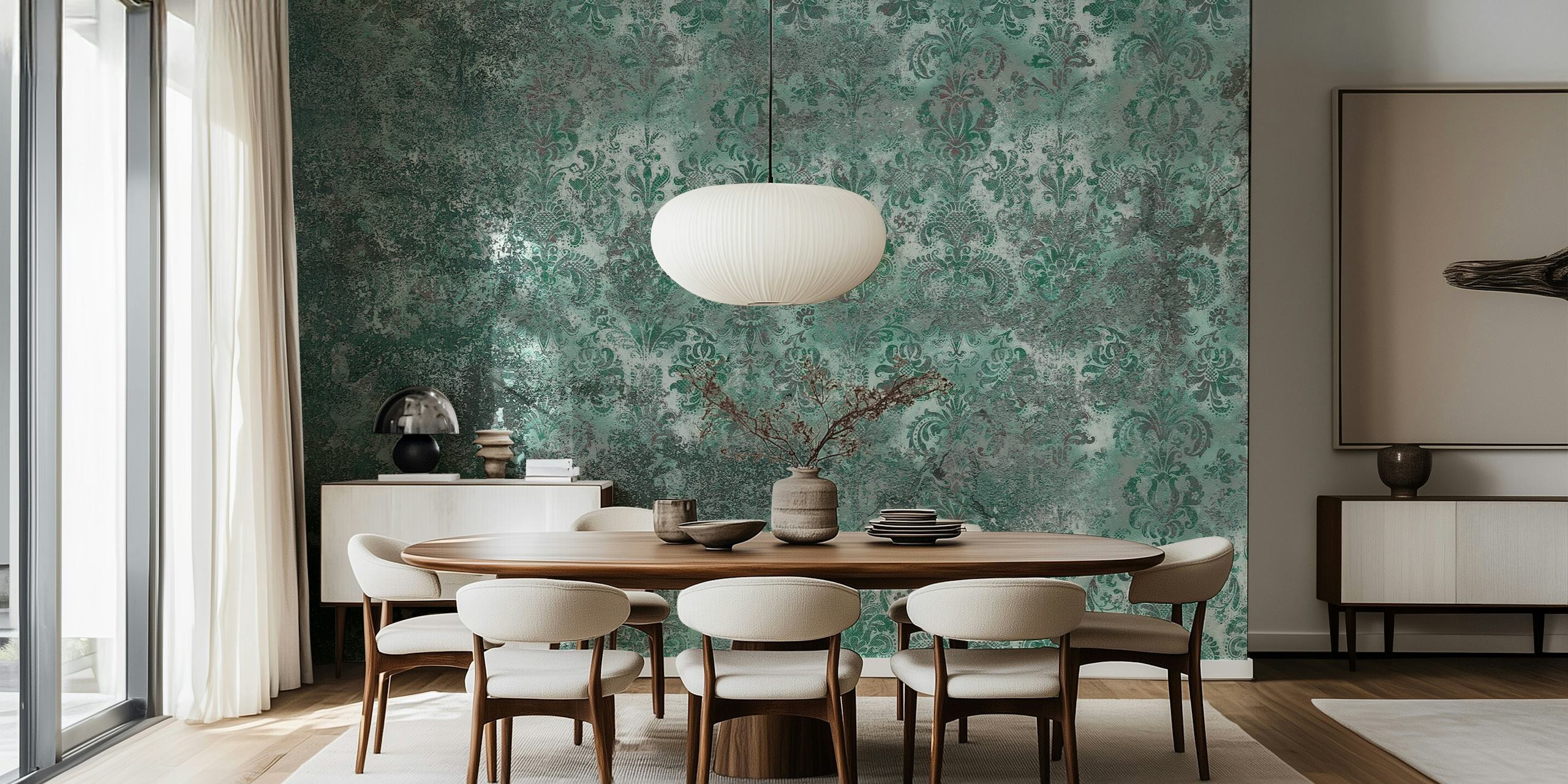 Grunge Damask Wall Viridian diseño de papel tapiz