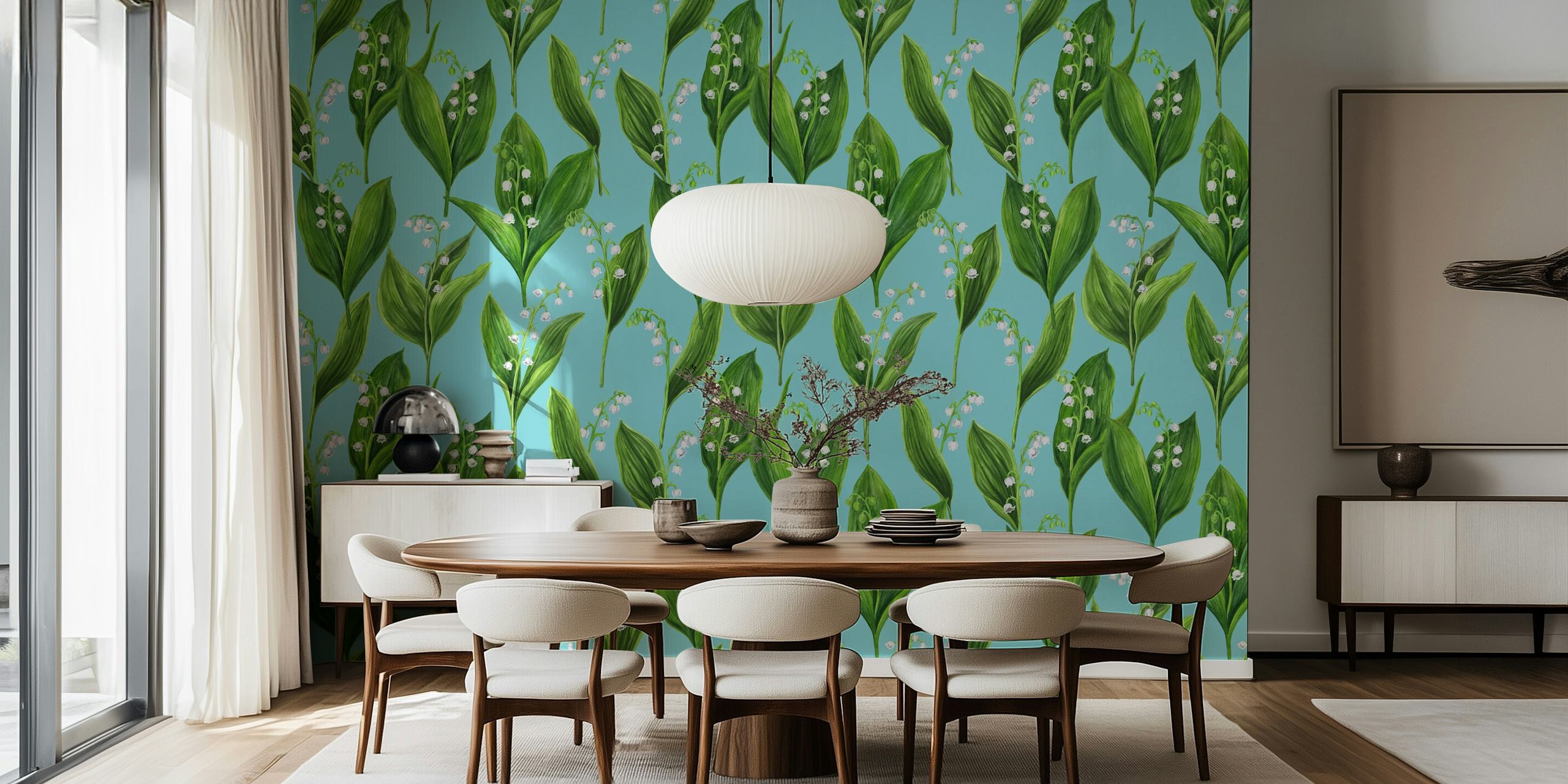 Lily of the valley flowers green leaves on light blue background wallpaper
