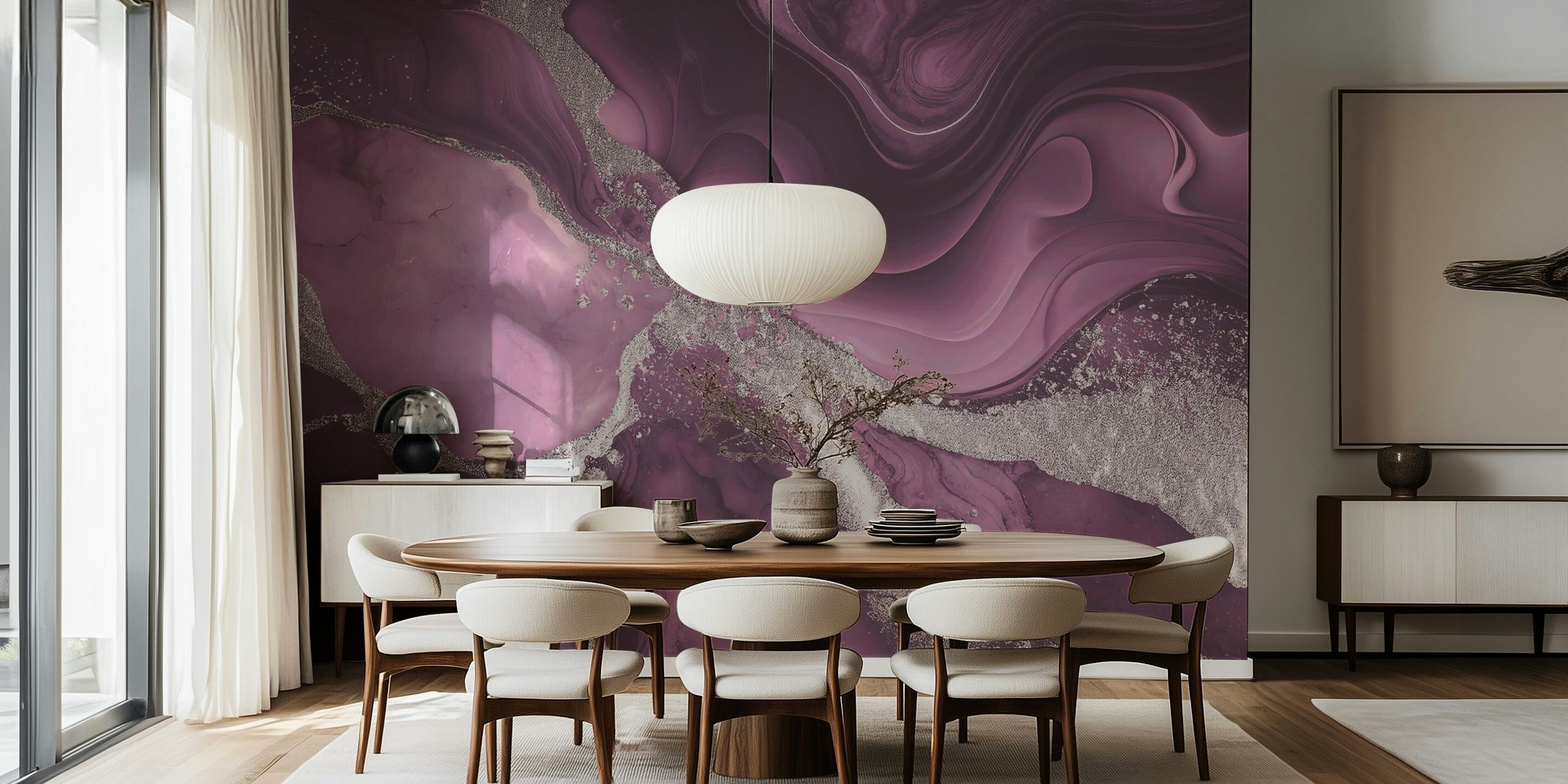 Faux marble dusty pink wallpaper in room