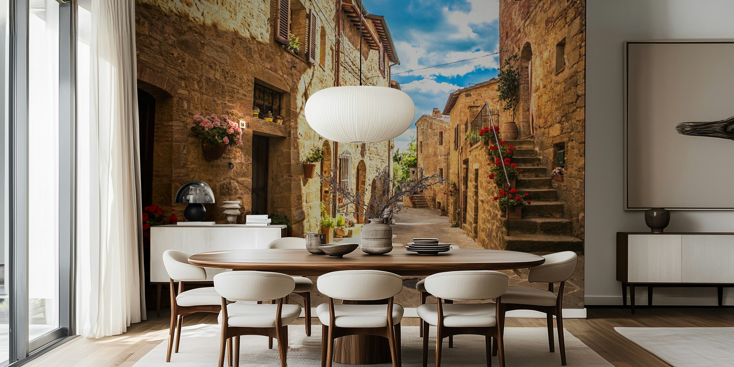 Rustic stone alley with colorful flowers and blue sky wallpaper