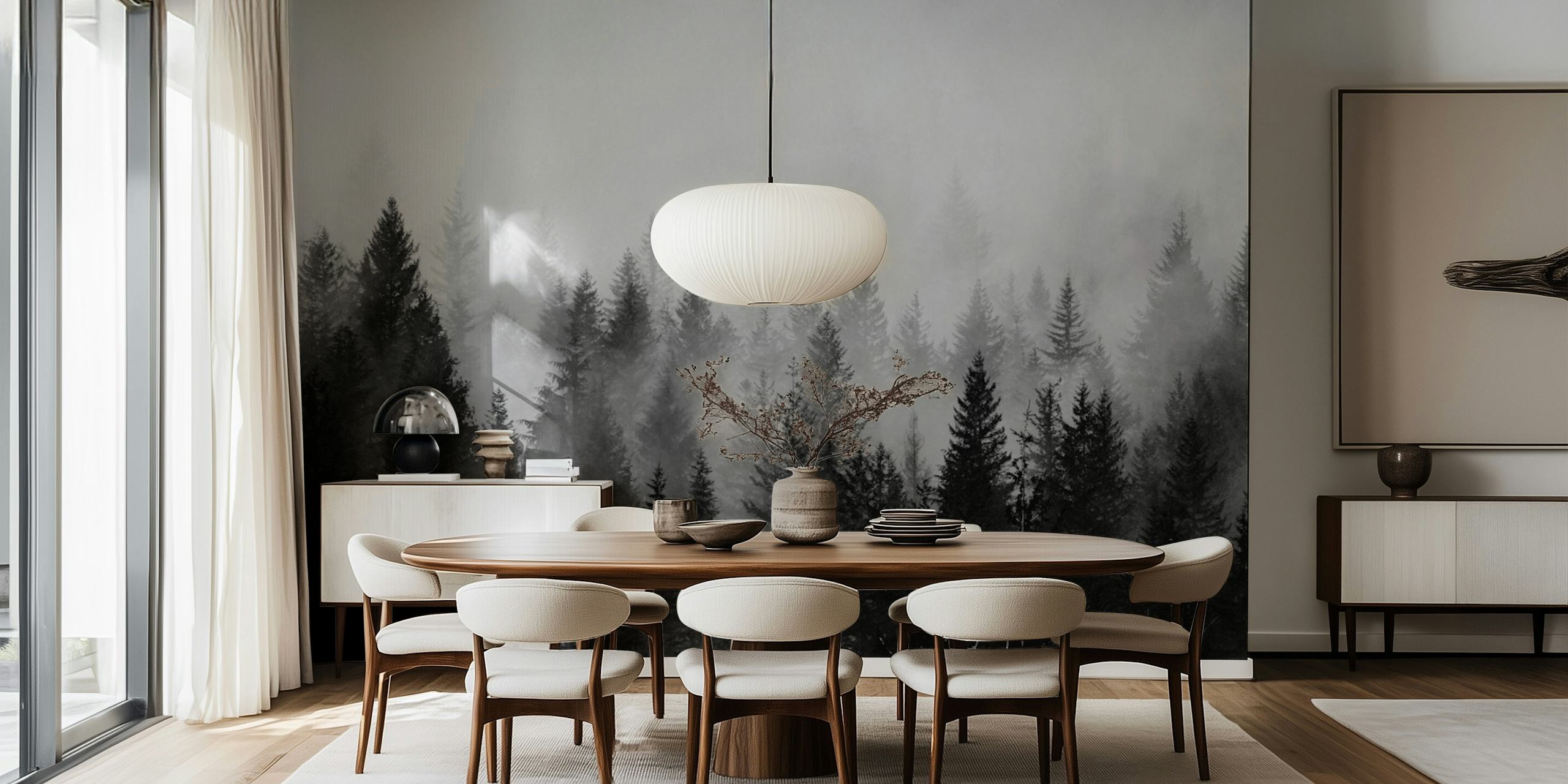 Misty forest silhouette wall mural with trees in grayscale