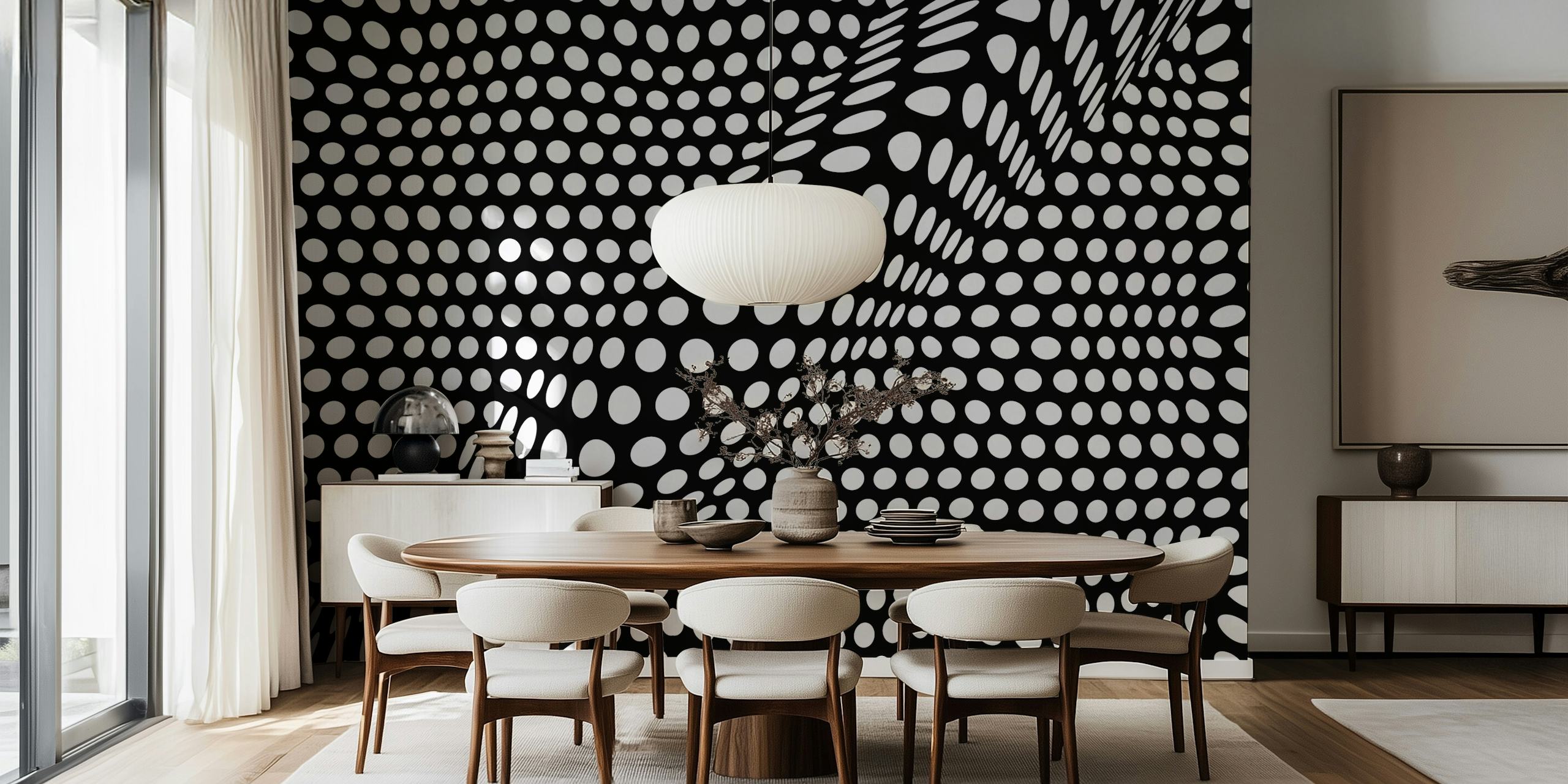 Mural de op-art em preto e branco com pontos criando uma ilusão de ótica