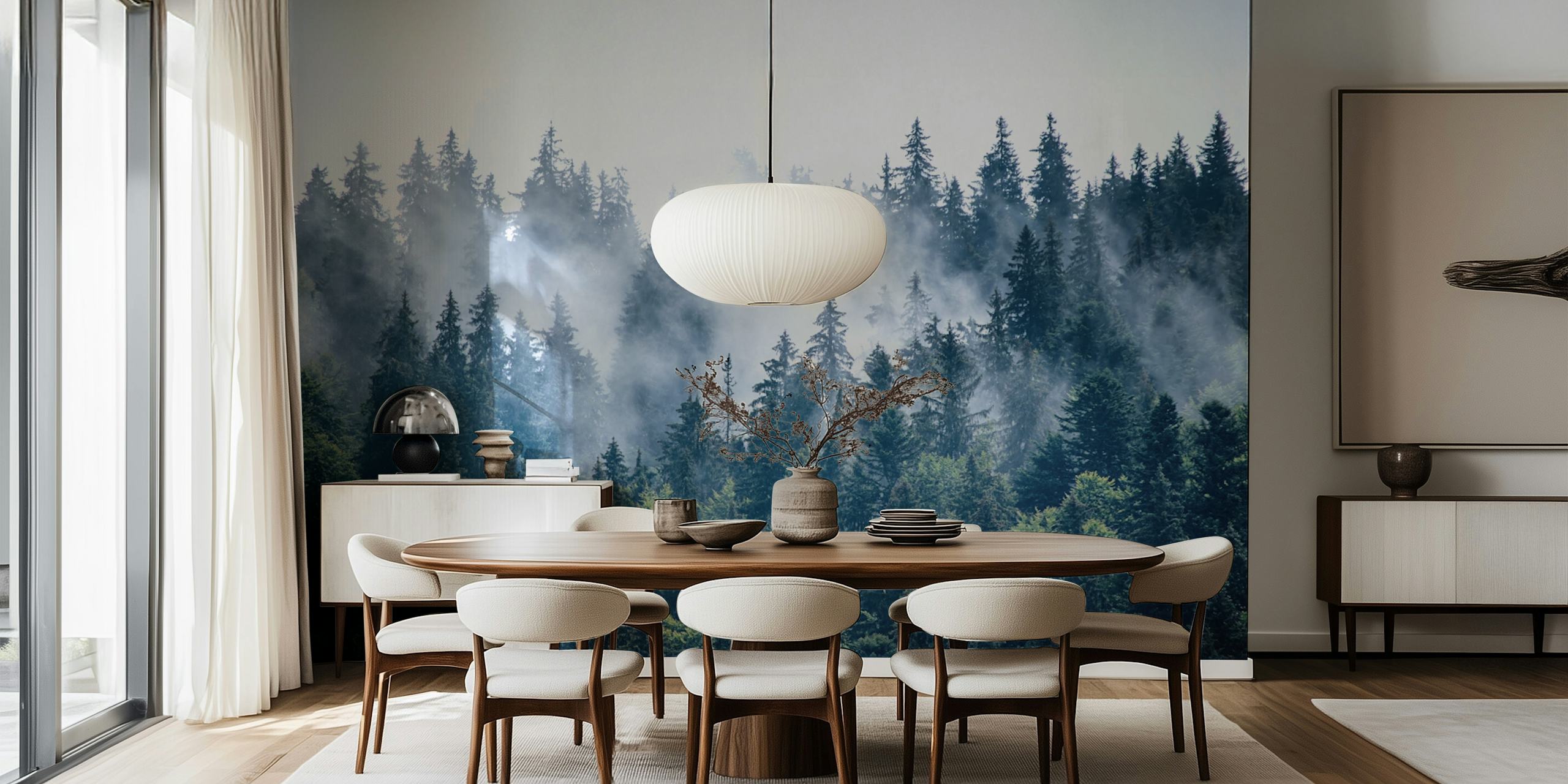 Misty foggy forest trees wallpaper