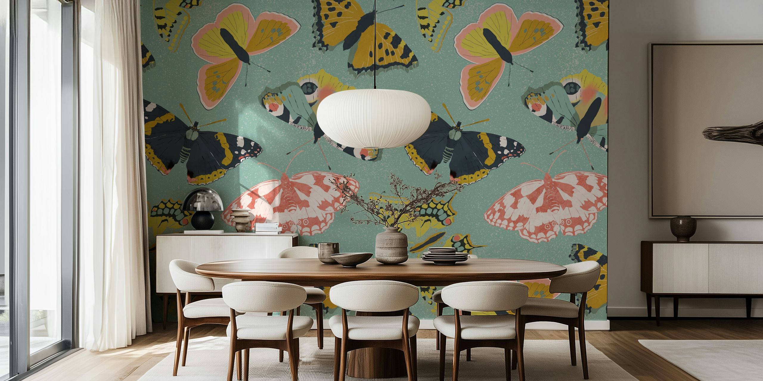 Butterflies Garden teal wallpaper in a room