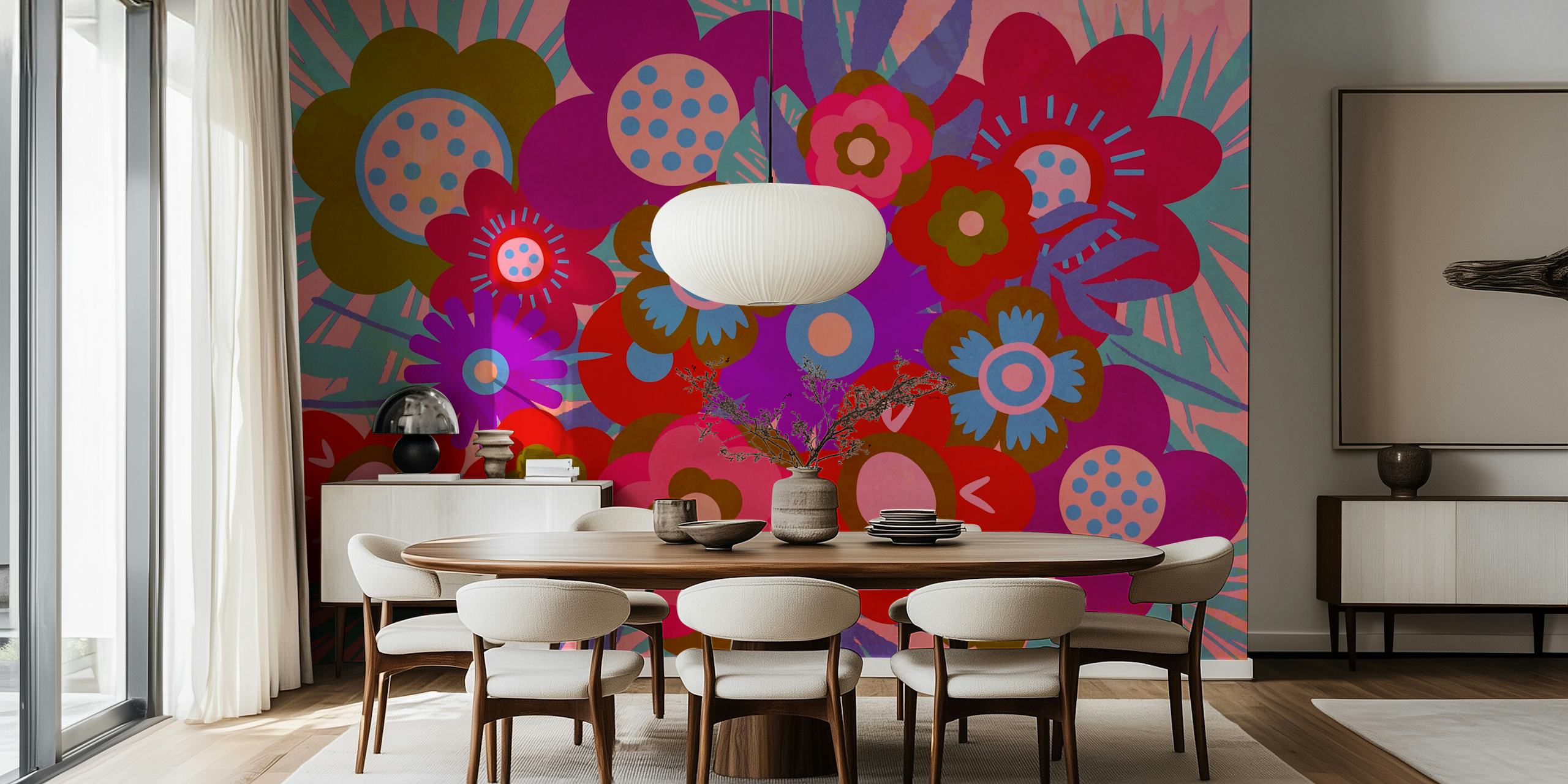 Colorful floral patterns in pink, purple, green, and blue wallpaper