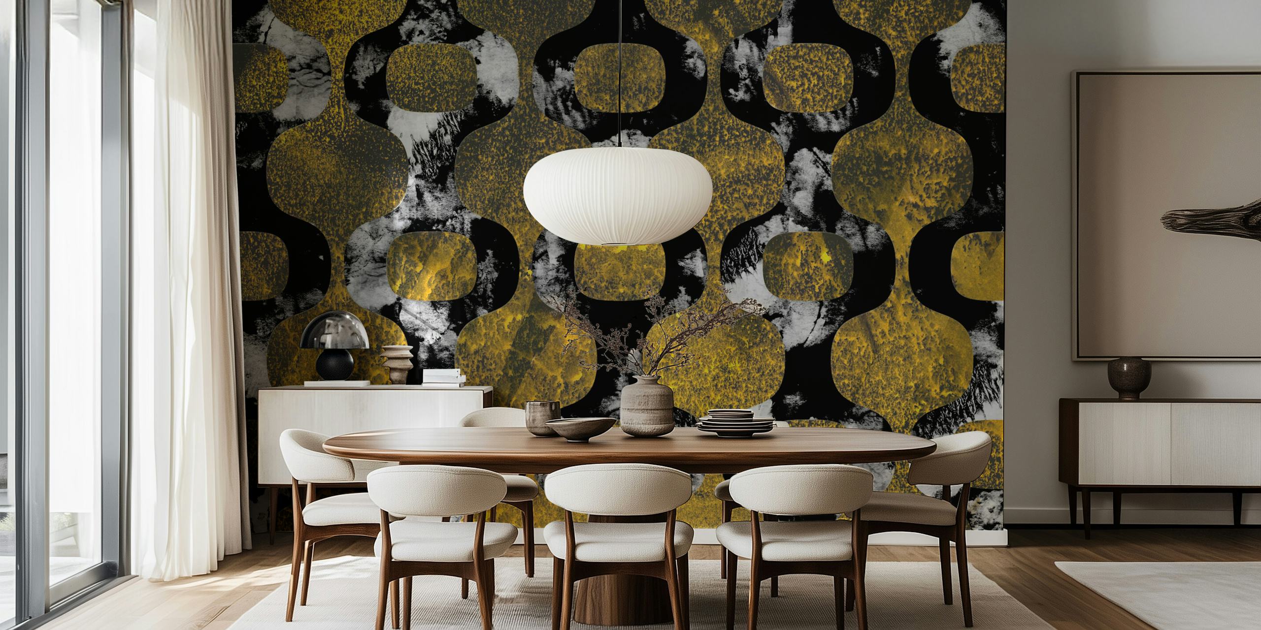 Mid-century geometric pattern in black and yellow marble wallpaper