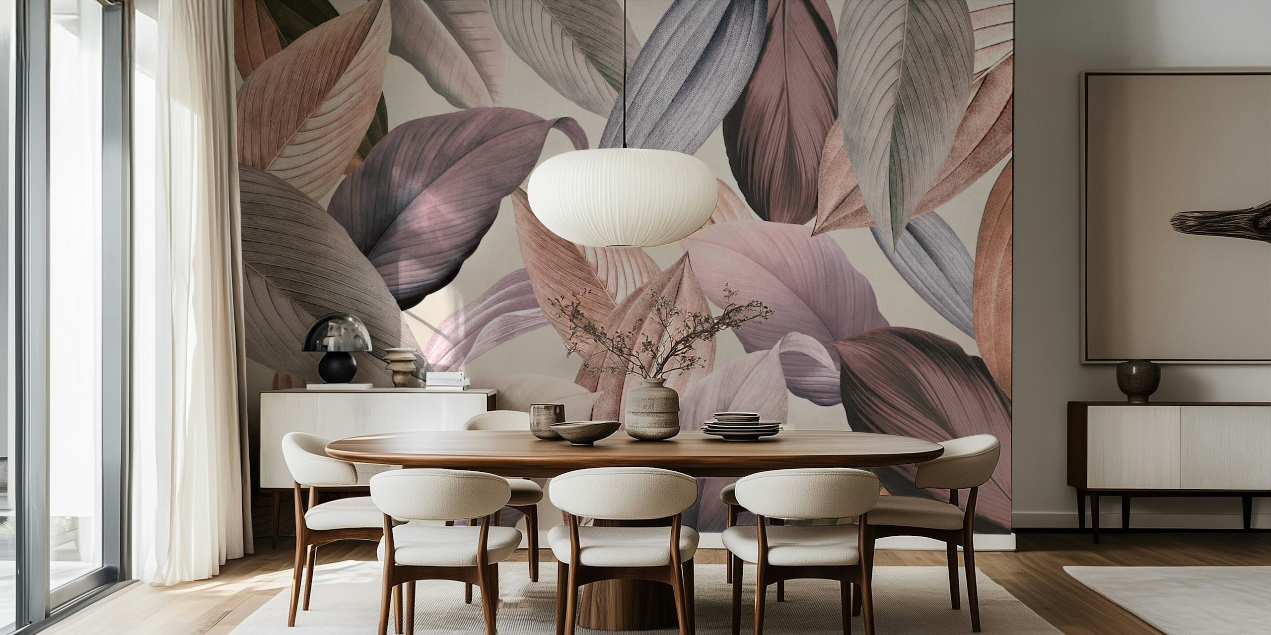 Tropical leafy wallpaper in shades of mauve, pink, and beige with a smooth texture.