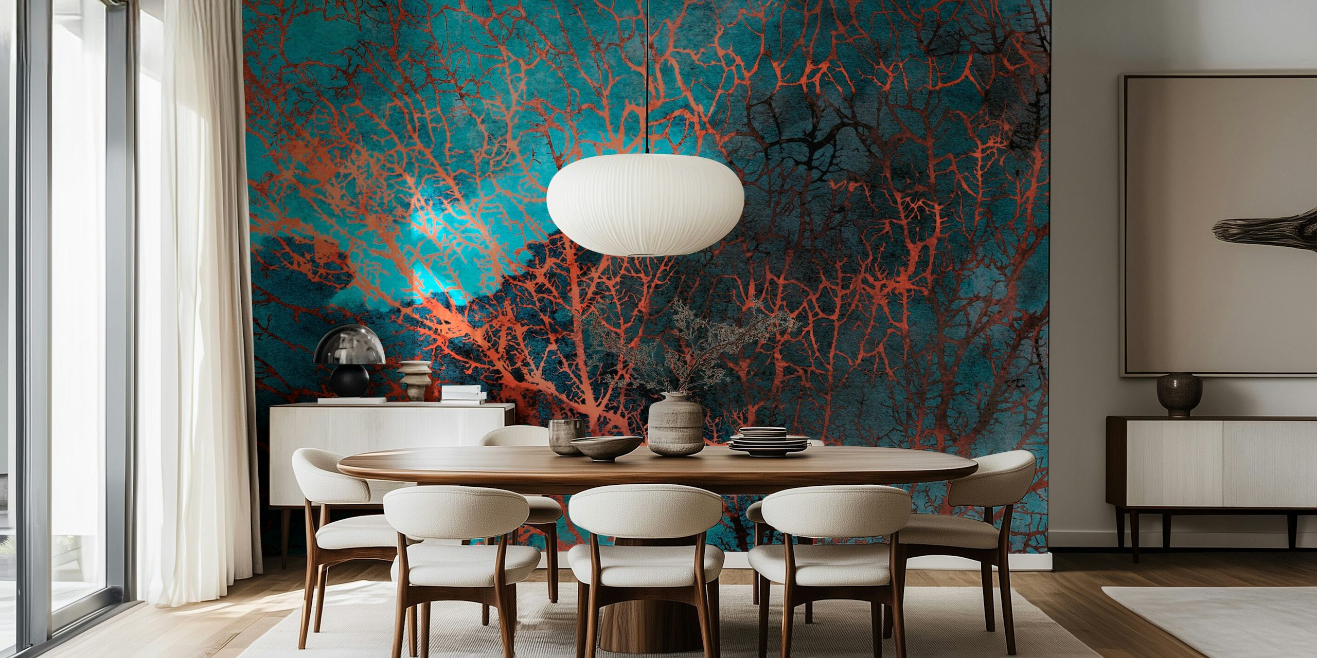 Aquarelle corail et turquoise avec motifs organiques wallpaper