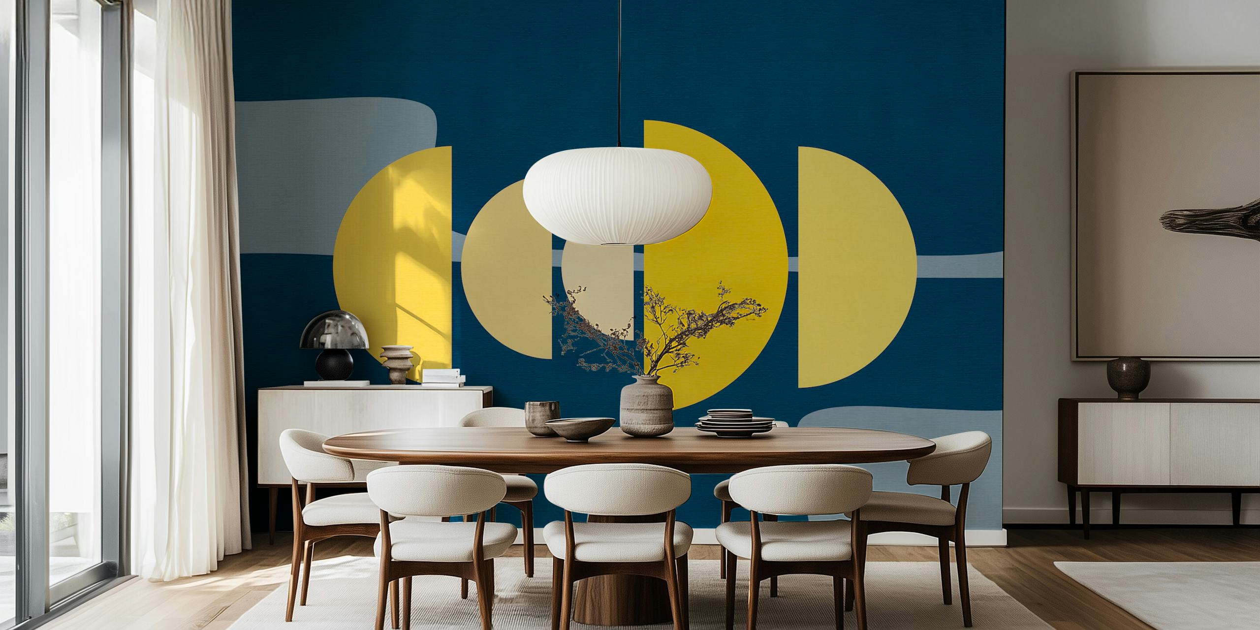 Geometric shapes in yellow and cream on a navy background wallpaper