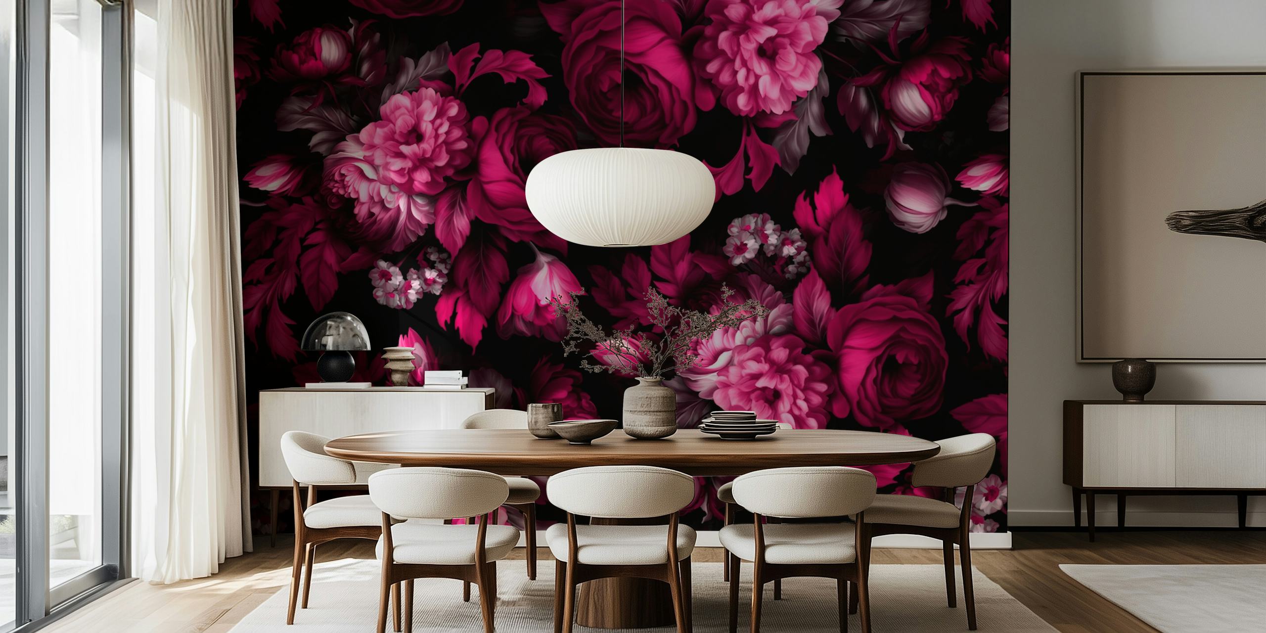 Burgundy floral pattern wallpaper featuring roses and leaves