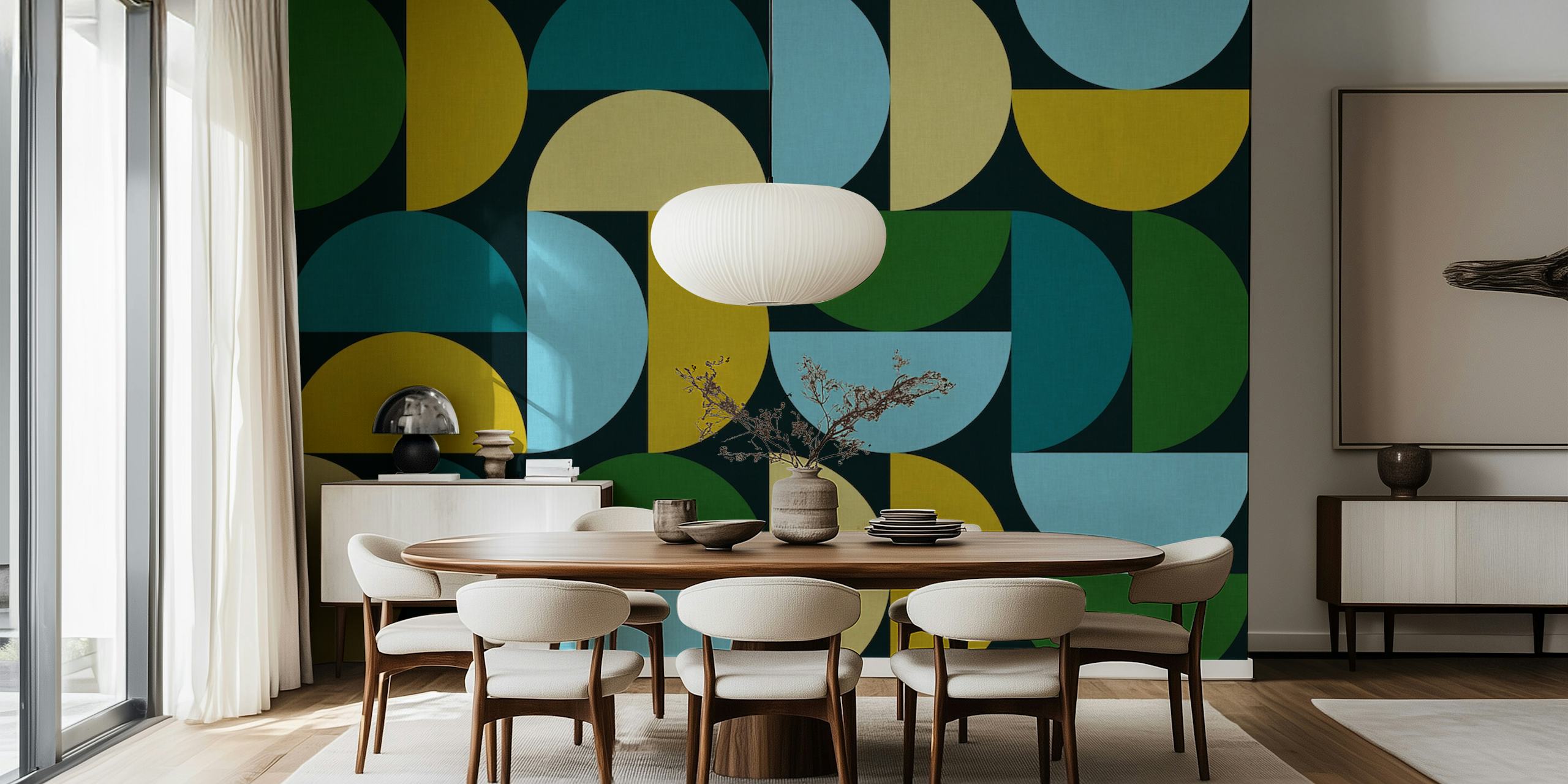 Geometric half-circle pattern in blue, green, yellow on dark background wallpaper