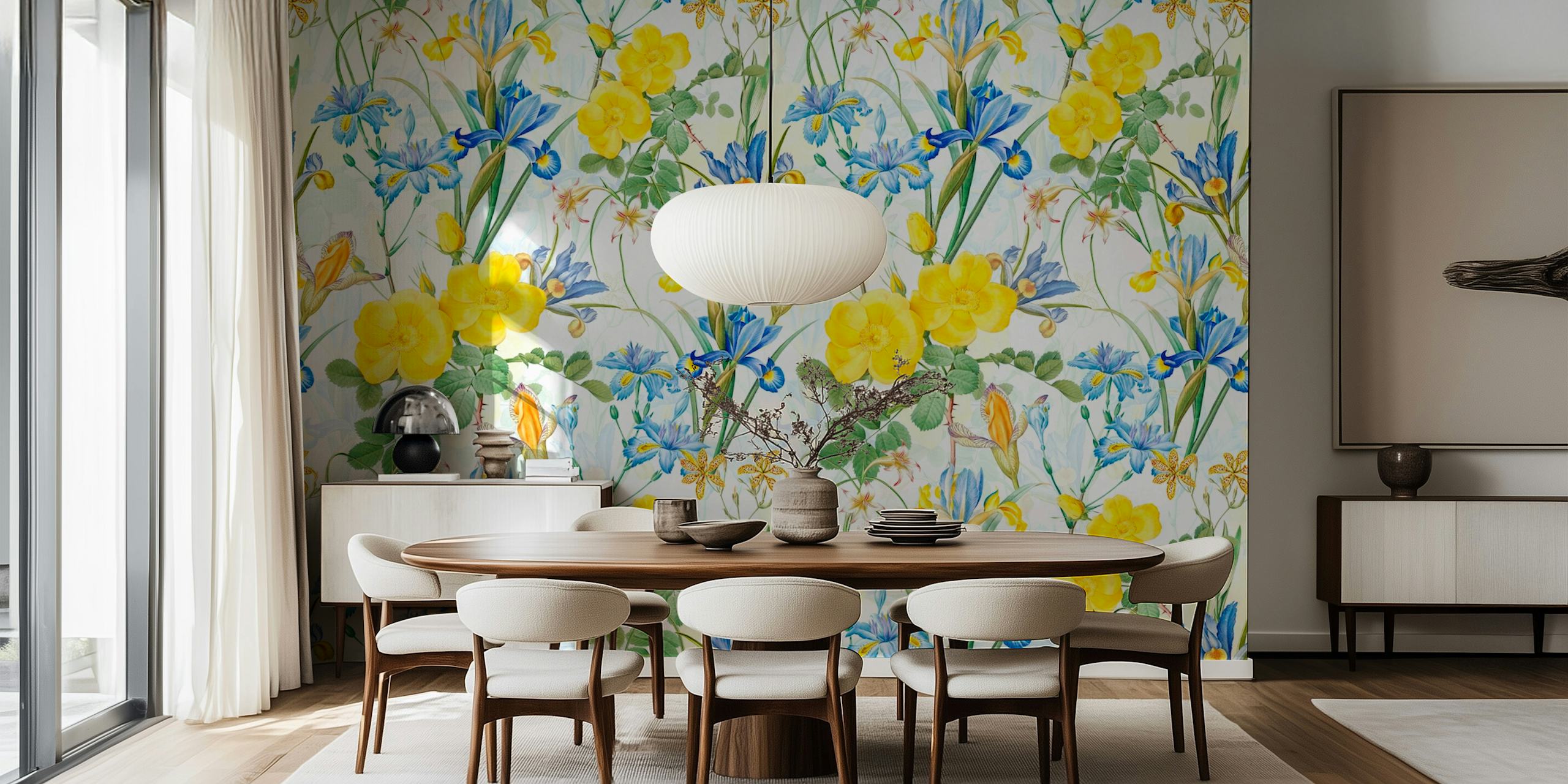 Yellow and blue iris and rose floral wallpaper