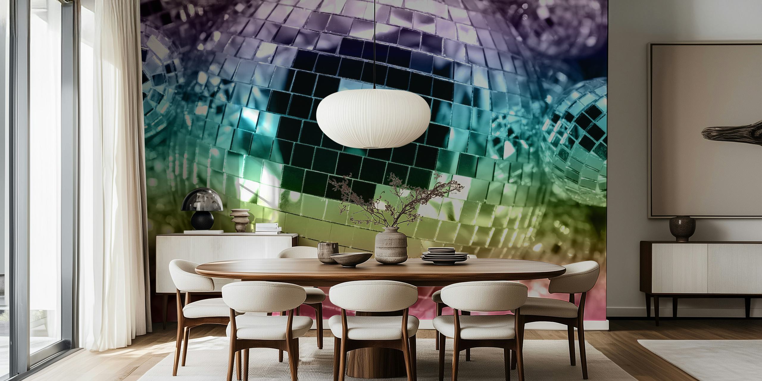 papel de parede Rainbow Retro Disco Ball em um quarto