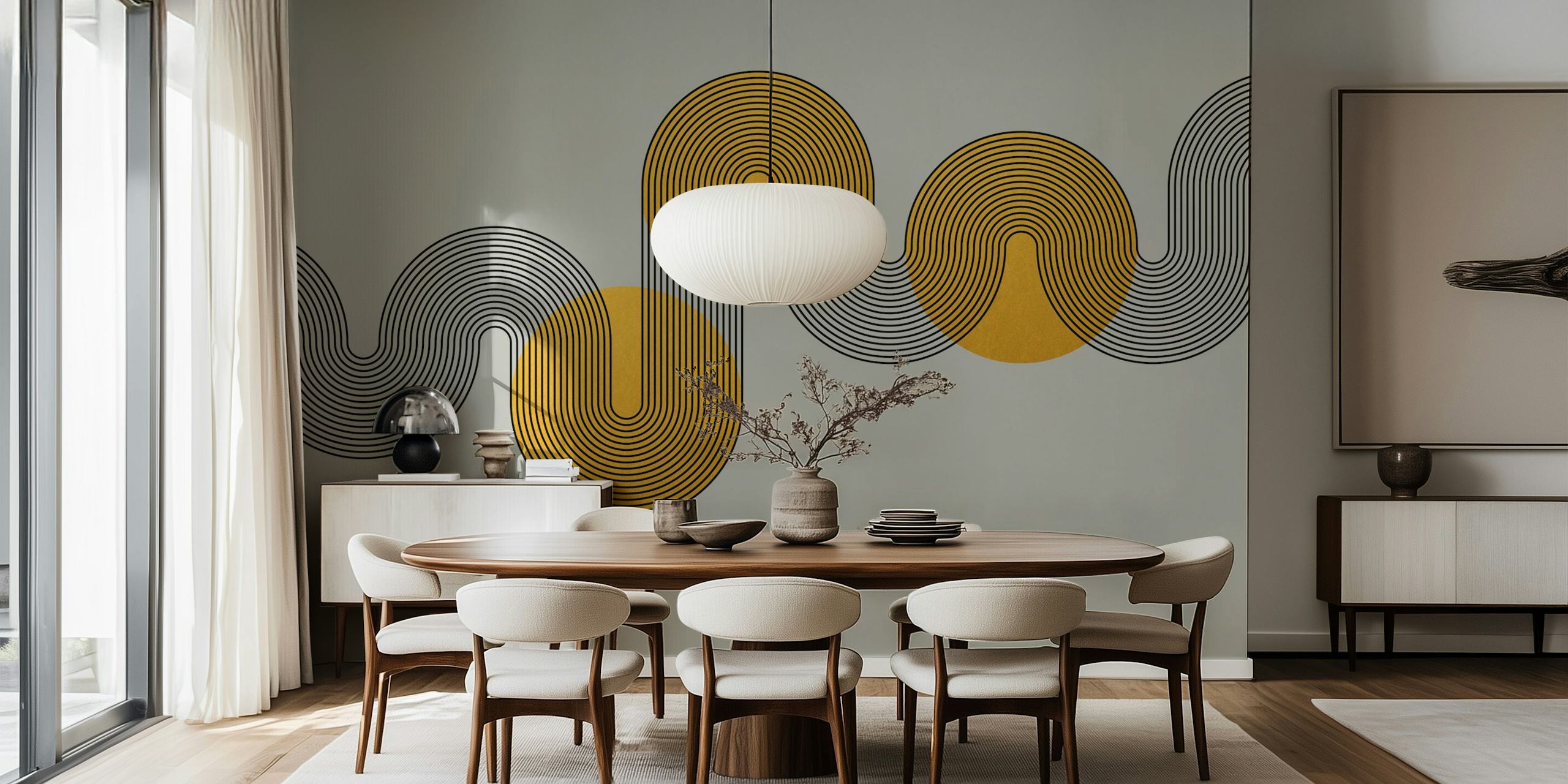 Fotomural estilo Art Déco abstracto con formas geométricas en tonos dorados y grises