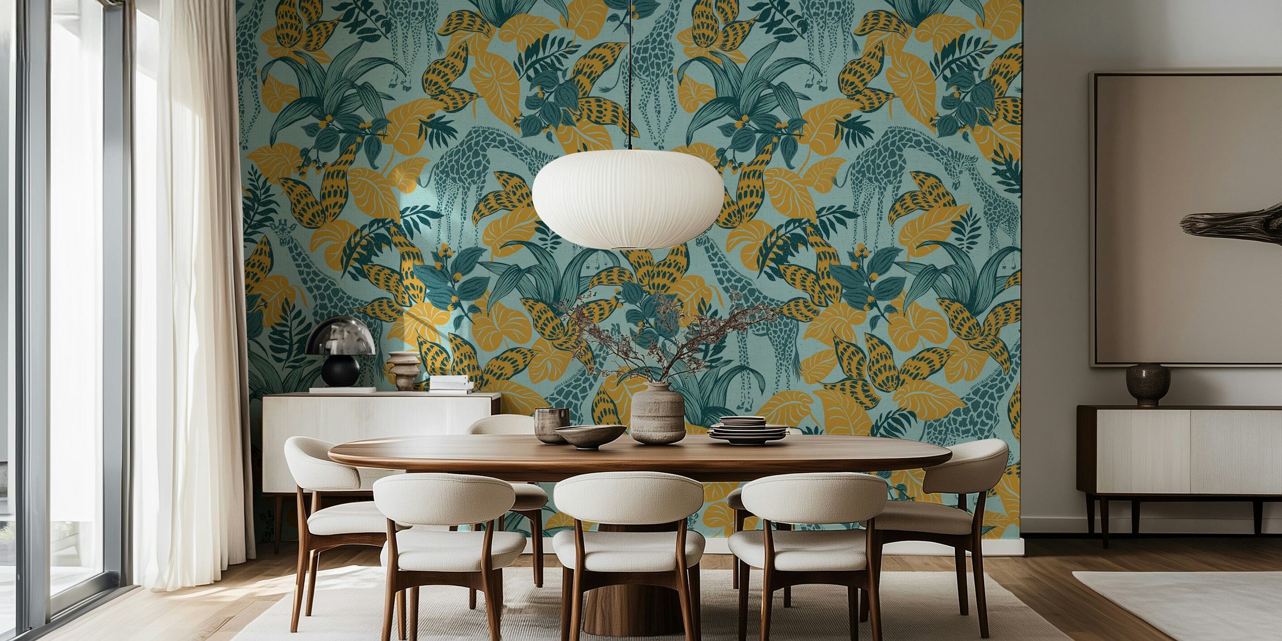 Tropical giraffe wallpaper featuring colorful plants and giraffes in shades of blue and yellow