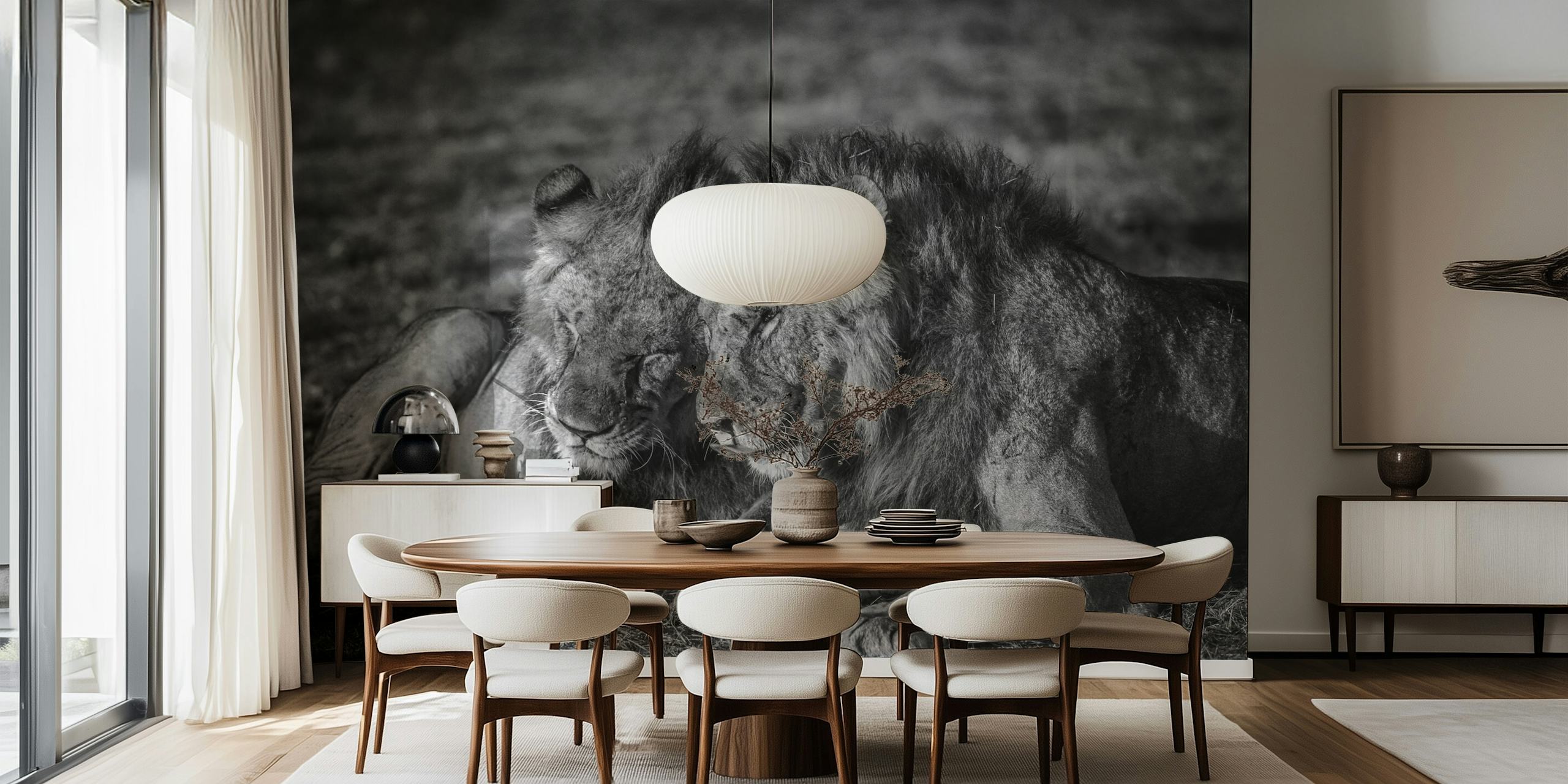 Lions resting in a tranquil setting