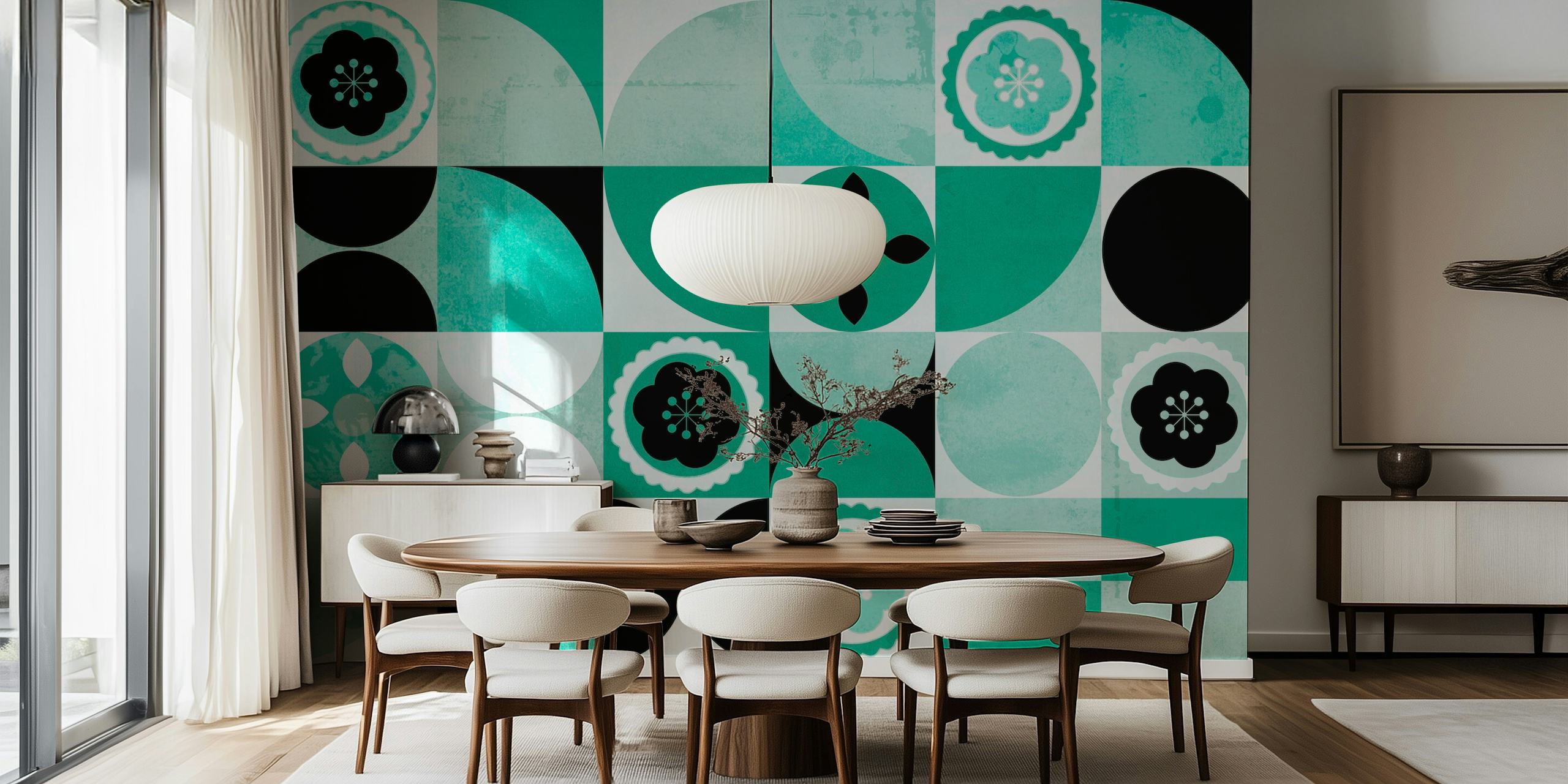 Geometric mint green and black wallpaper with floral motifs