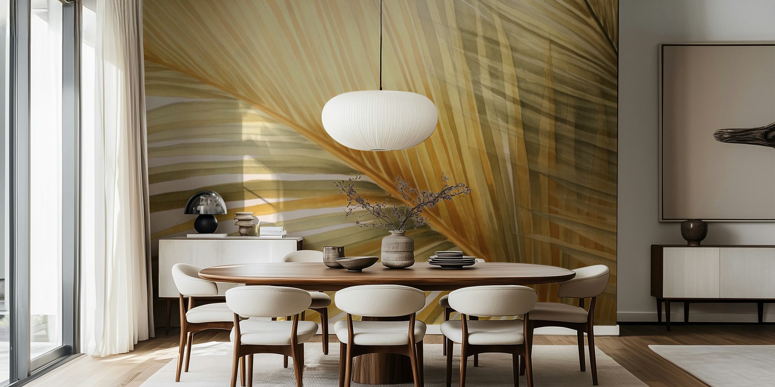 Golden and cream palm foliage wall mural creating a tropical ambiance