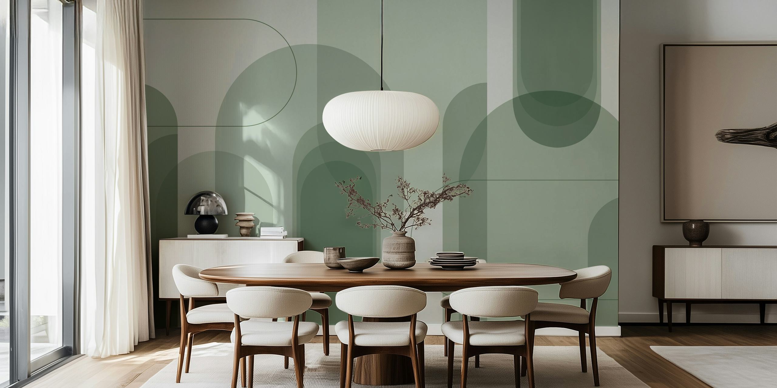 Green abstract arches wallpaper in a room