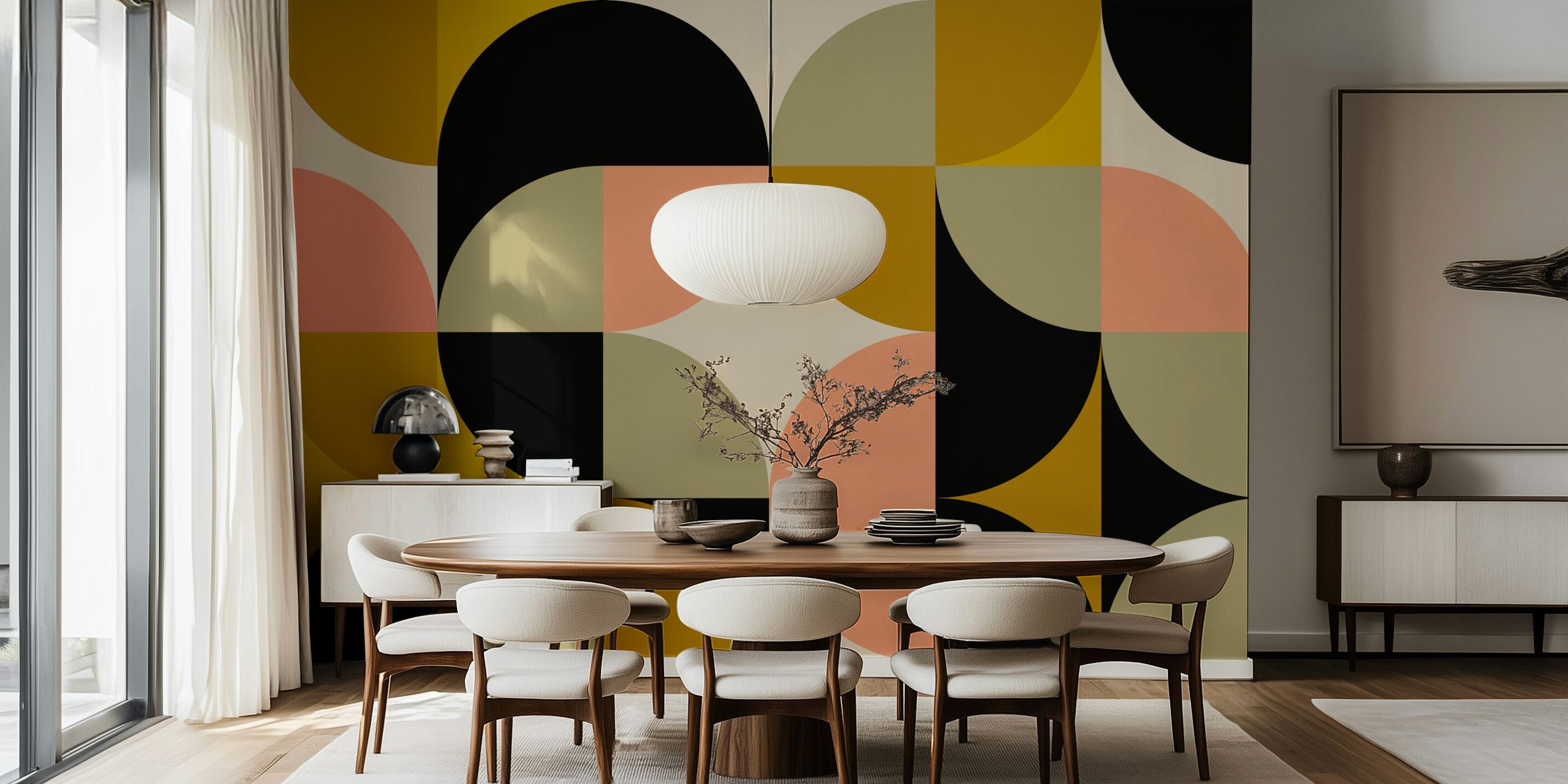 Abstract Bauhaus-inspired wall mural with geometric shapes in muted colors