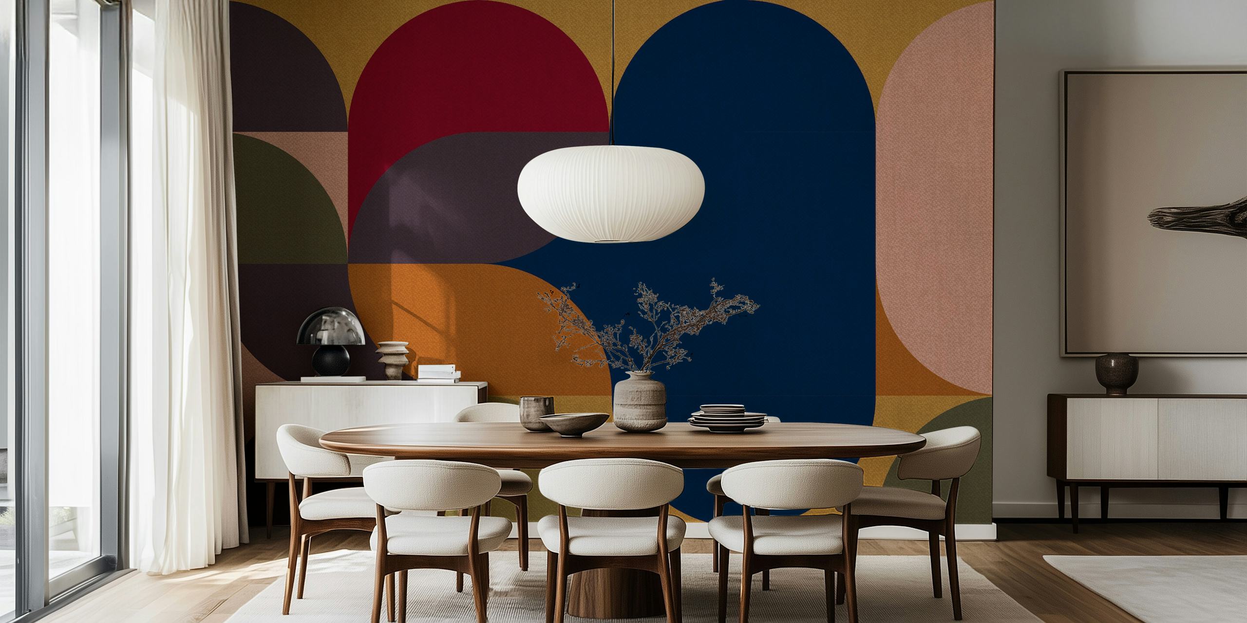 Abstrakcyjna lniana fototapeta z kolażem w stylu retro z ziemistymi tonami i organicznymi kształtami.