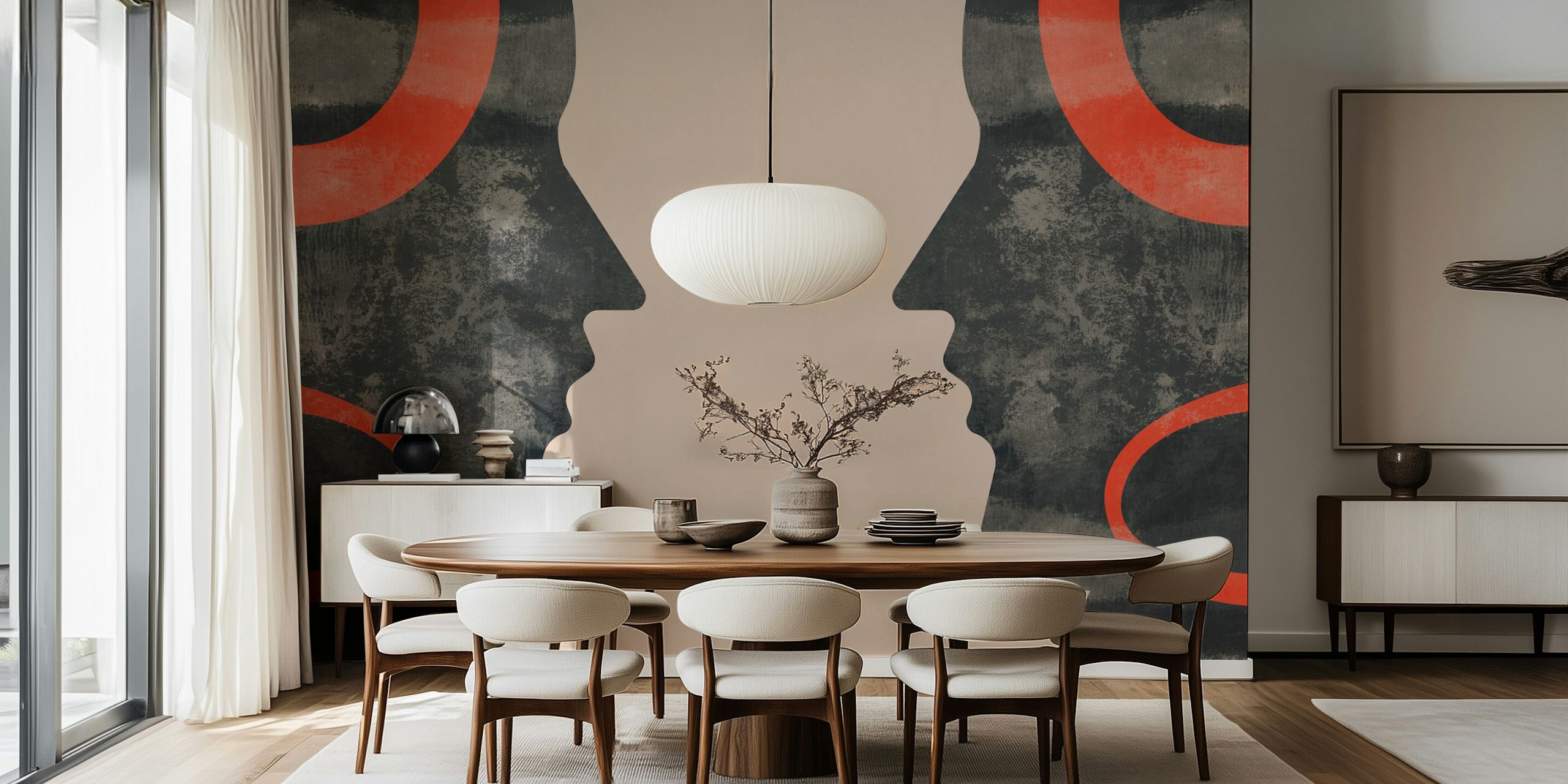 Abstract designs of faces and shapes in gray and red wallpaper