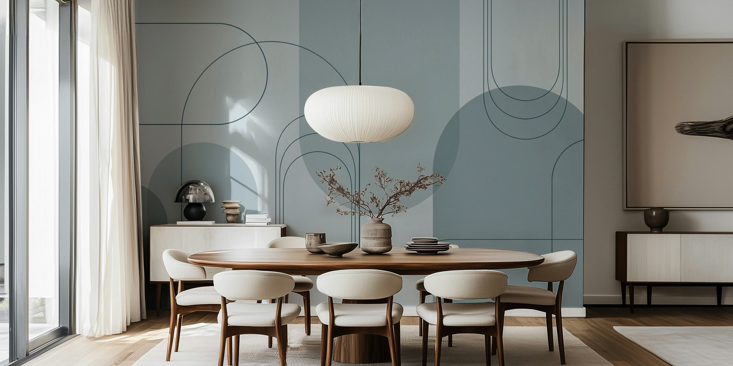 Fototapeta Minimalist Arches v modrých šedých tónech s překrývajícími se půlkruhovými vzory.