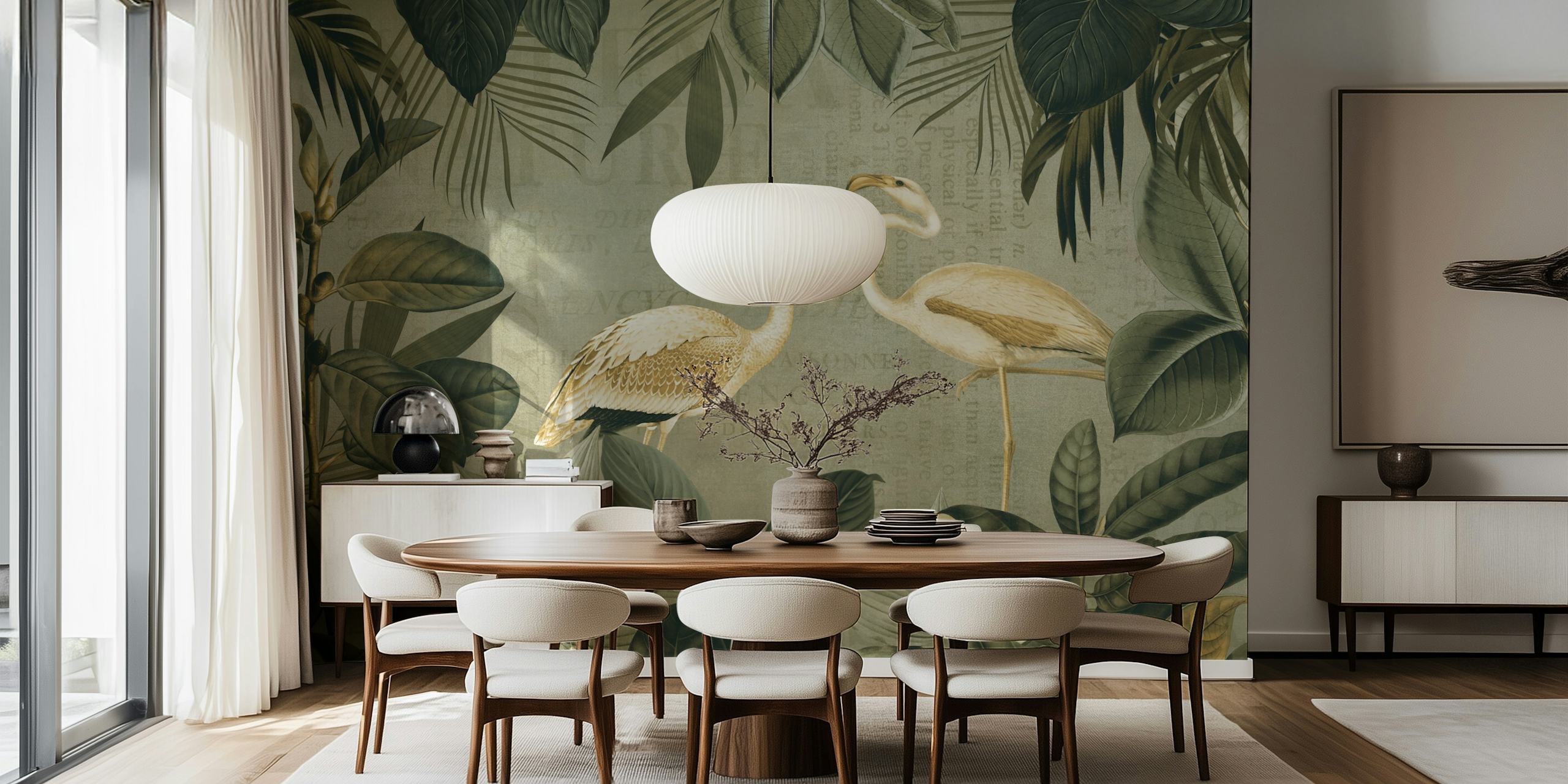 Vintage-inspirerad väggmålning med flamingos och tropiska blad över ett manusbakgrund.