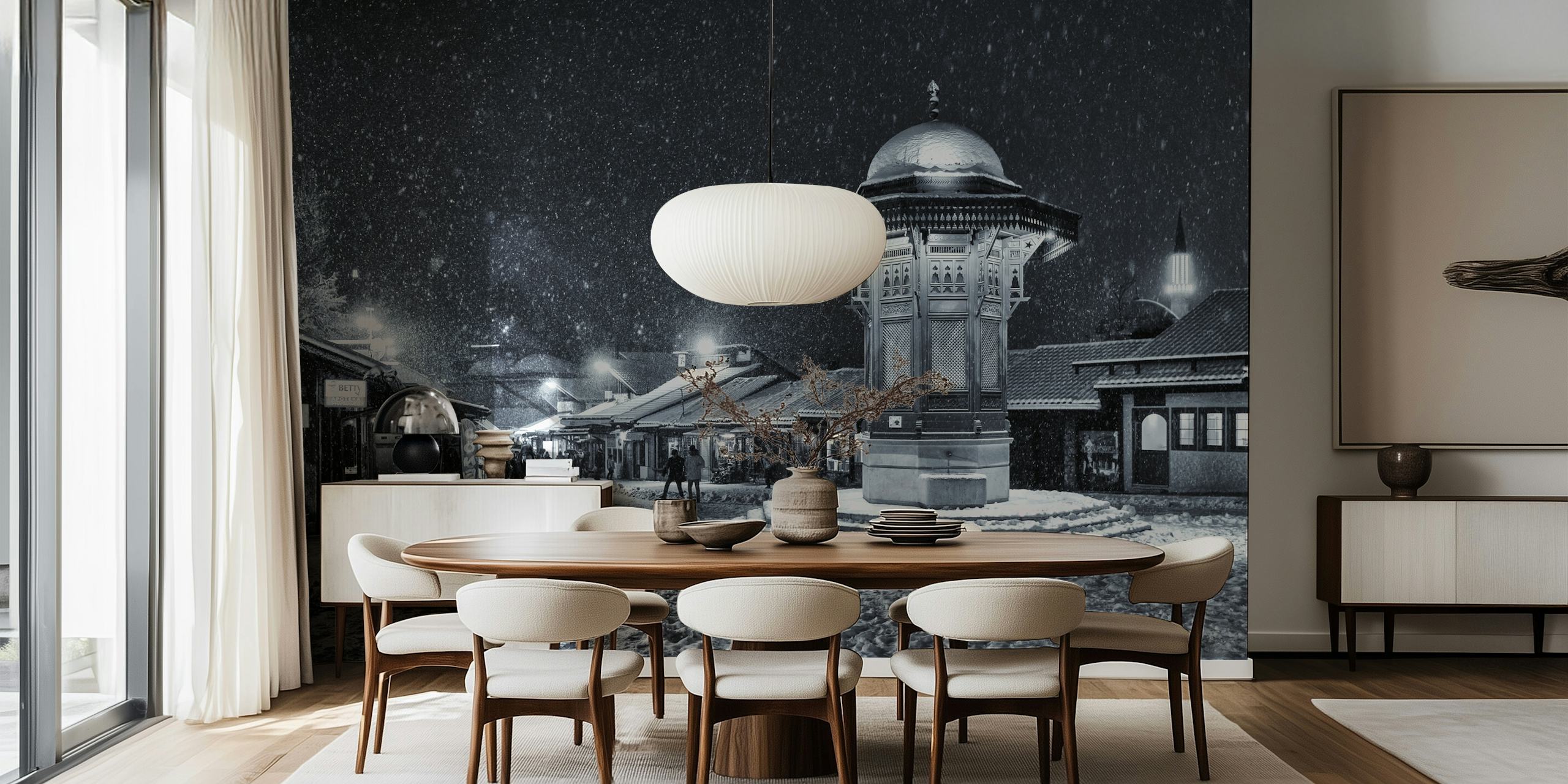 Black and white winter landscape with snow falling and city details wallpaper