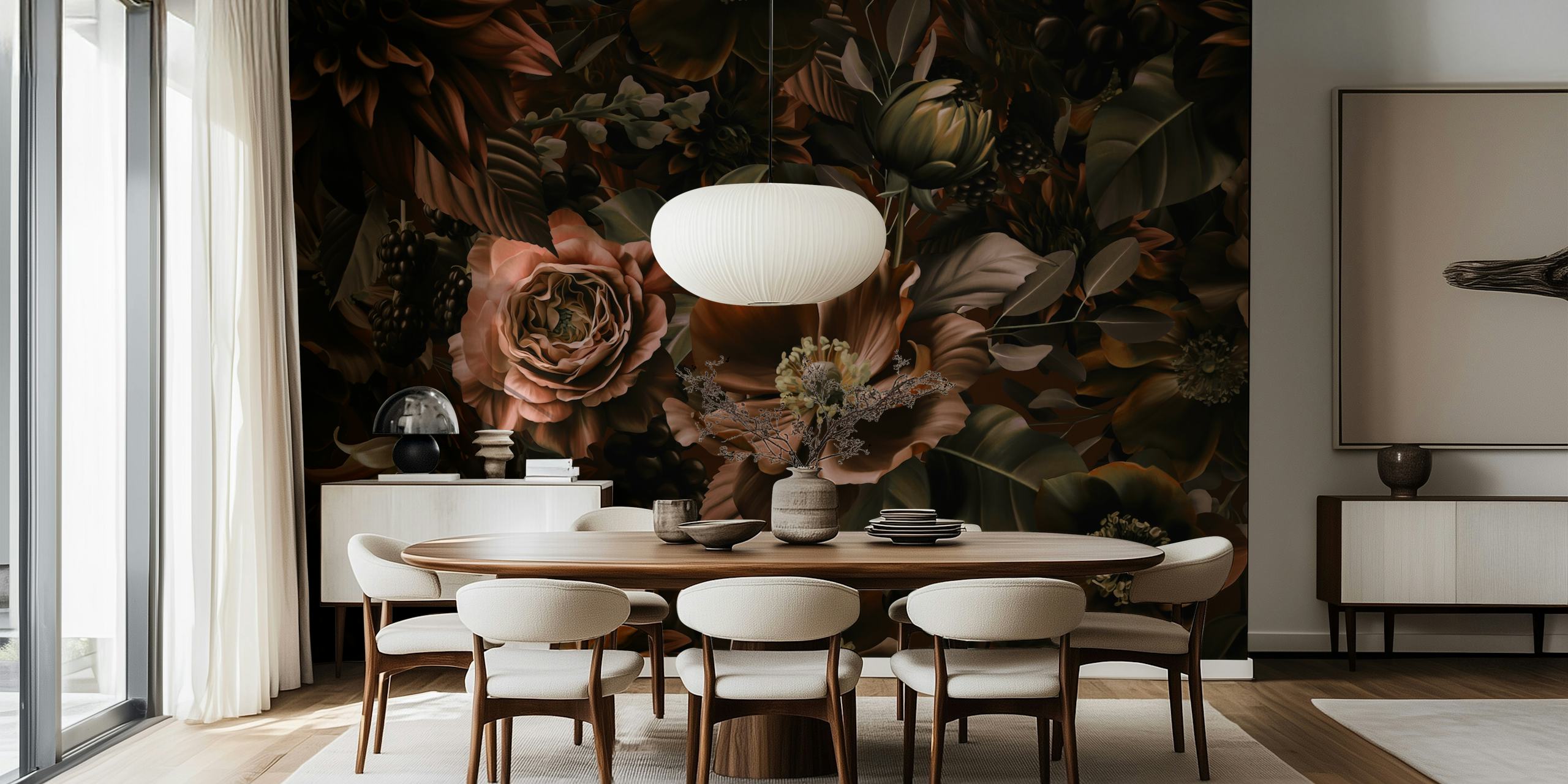 Dark floral pattern with roses and leaves in browns wallpaper