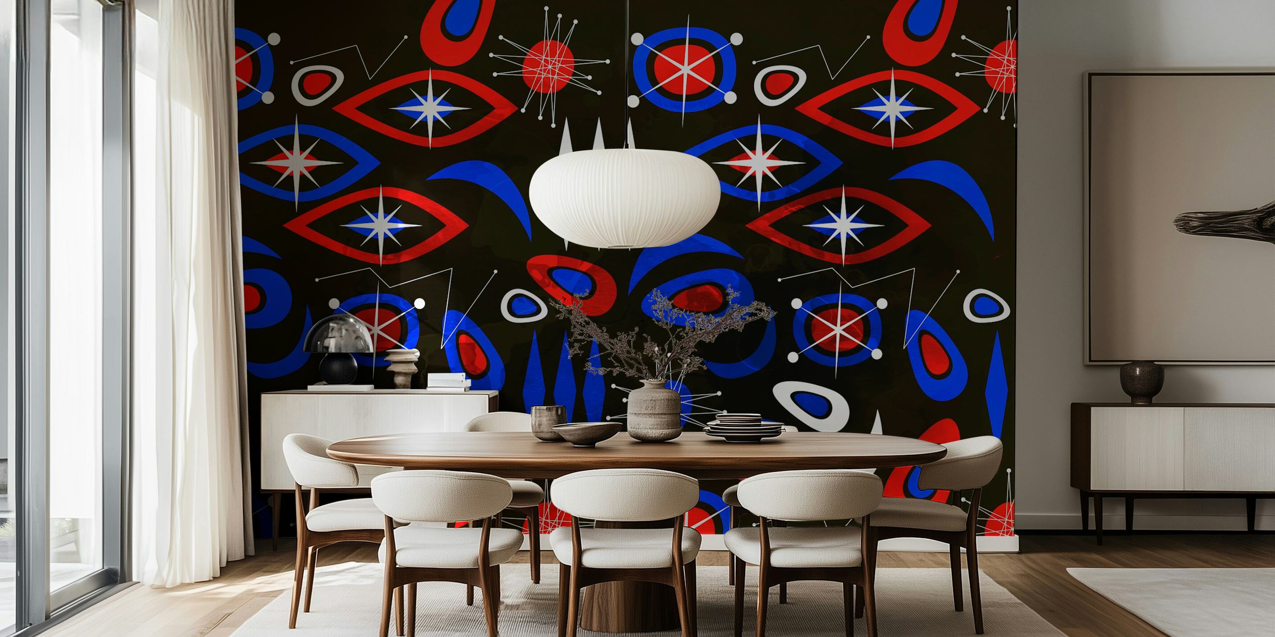Mid century abstract geometric wallpaper in red, blue, and white