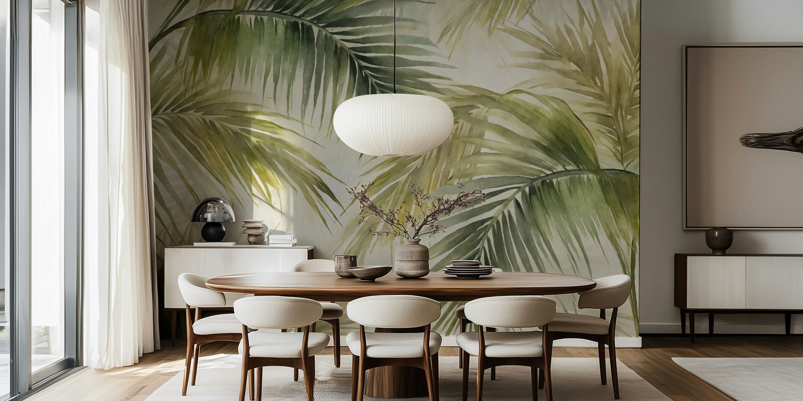 Tropical Island Palm Leaves Watercolor Green τοίχος με πλούσια βλάστηση