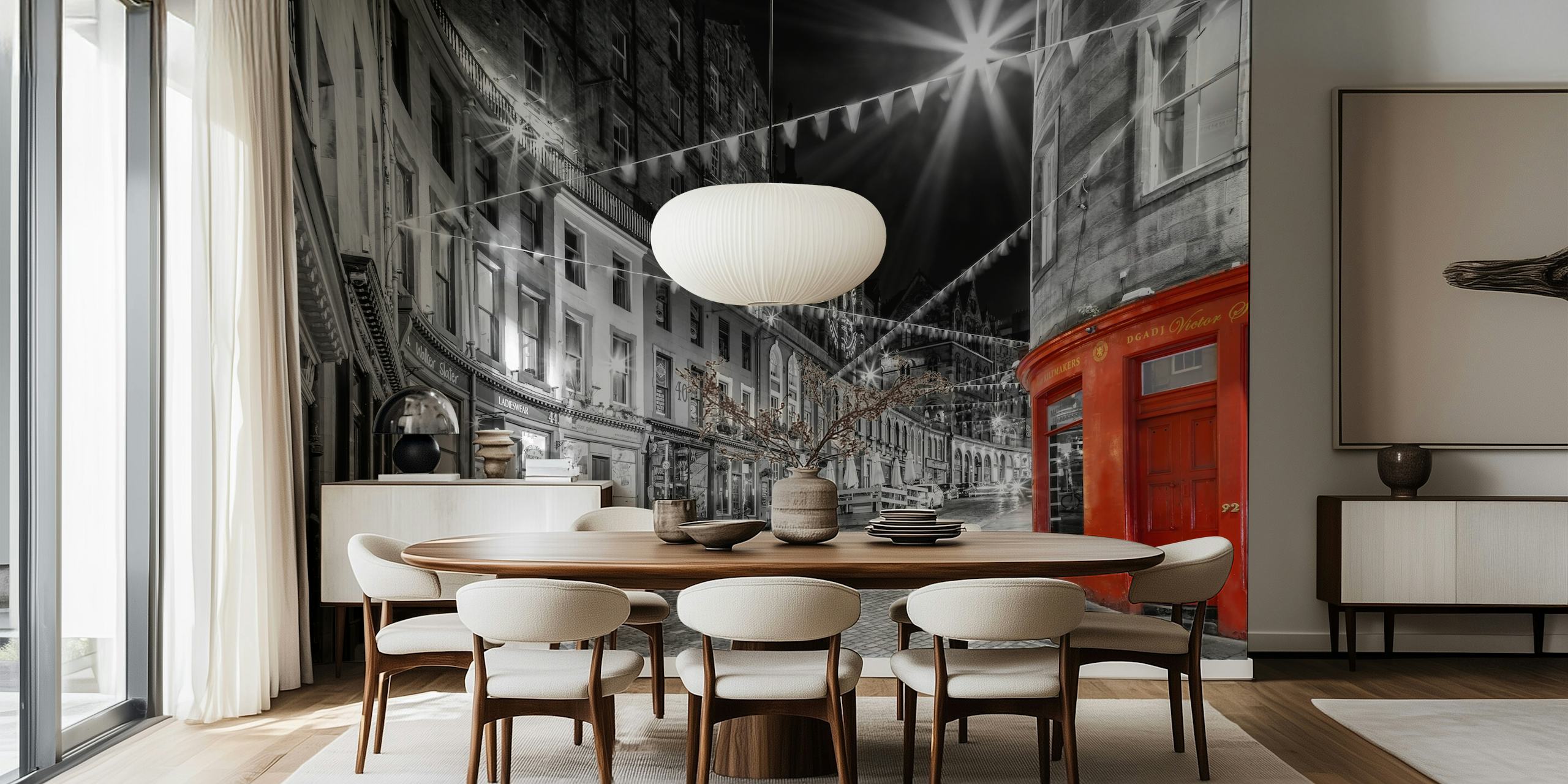 Black and white vintage street scene wallpaper