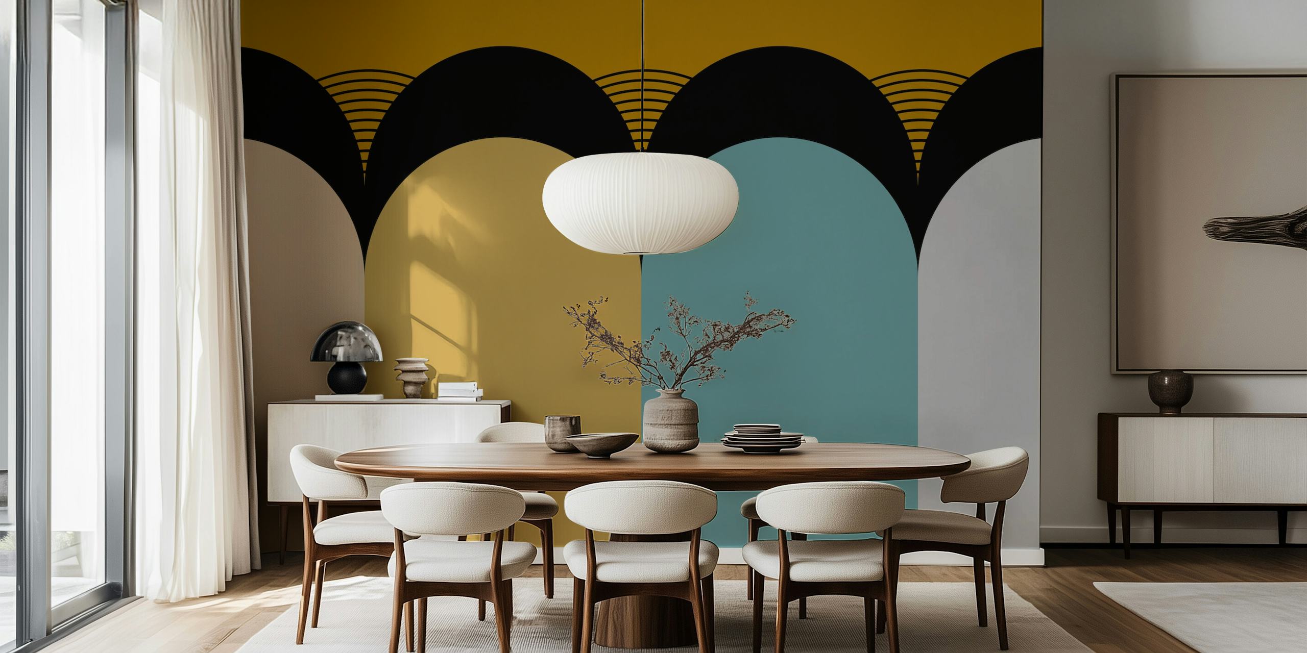 Geometric design with beige, gold, blue, and gray elements on wallpaper