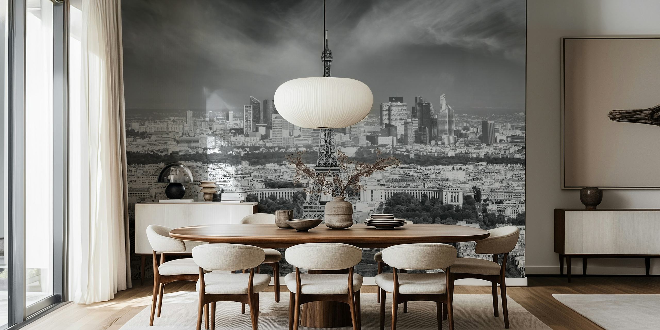 Monochrome Paris skyline wallpaper in a room