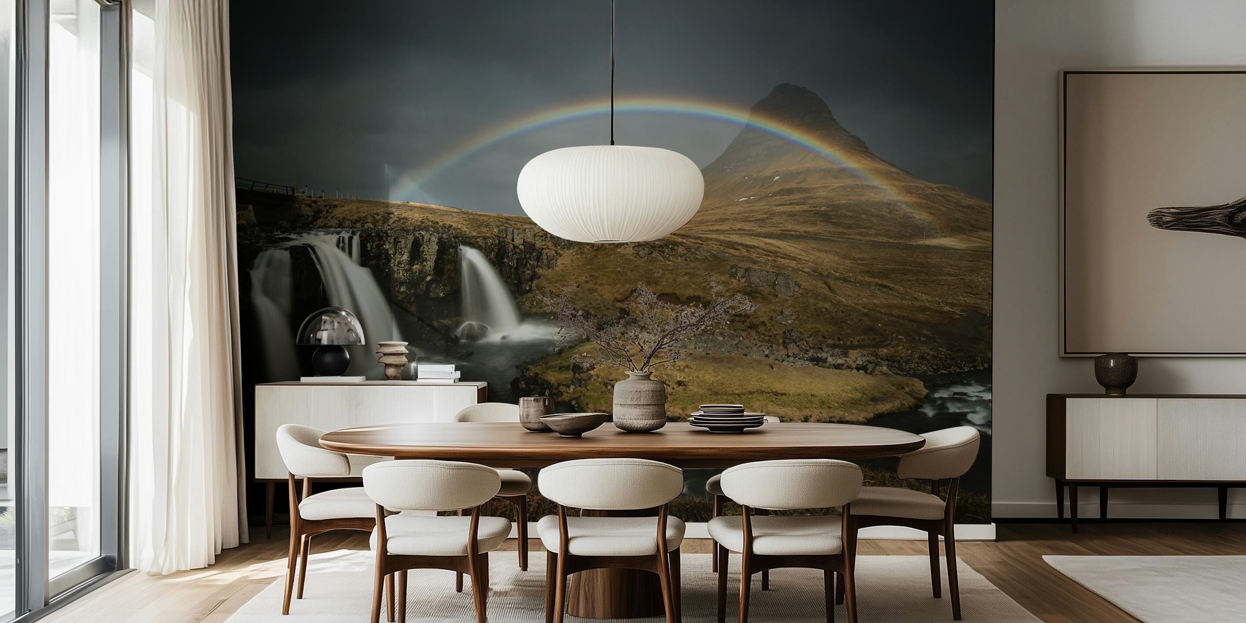 Kirkjufell mountain in Iceland with waterfall and rainbow wall mural