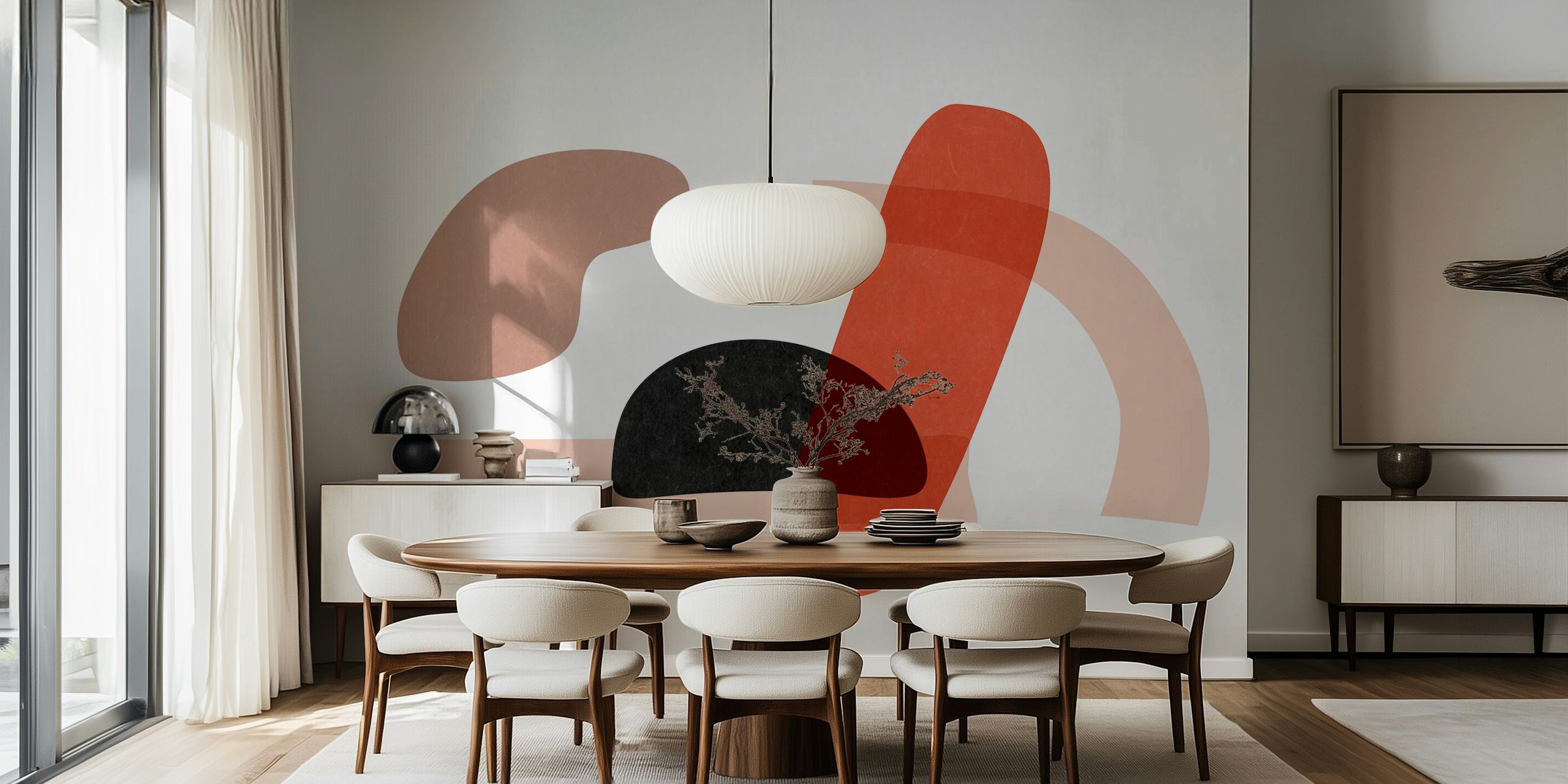 Abstracte, Japans geïnspireerde vormen in gedempte aardetinten muurschildering