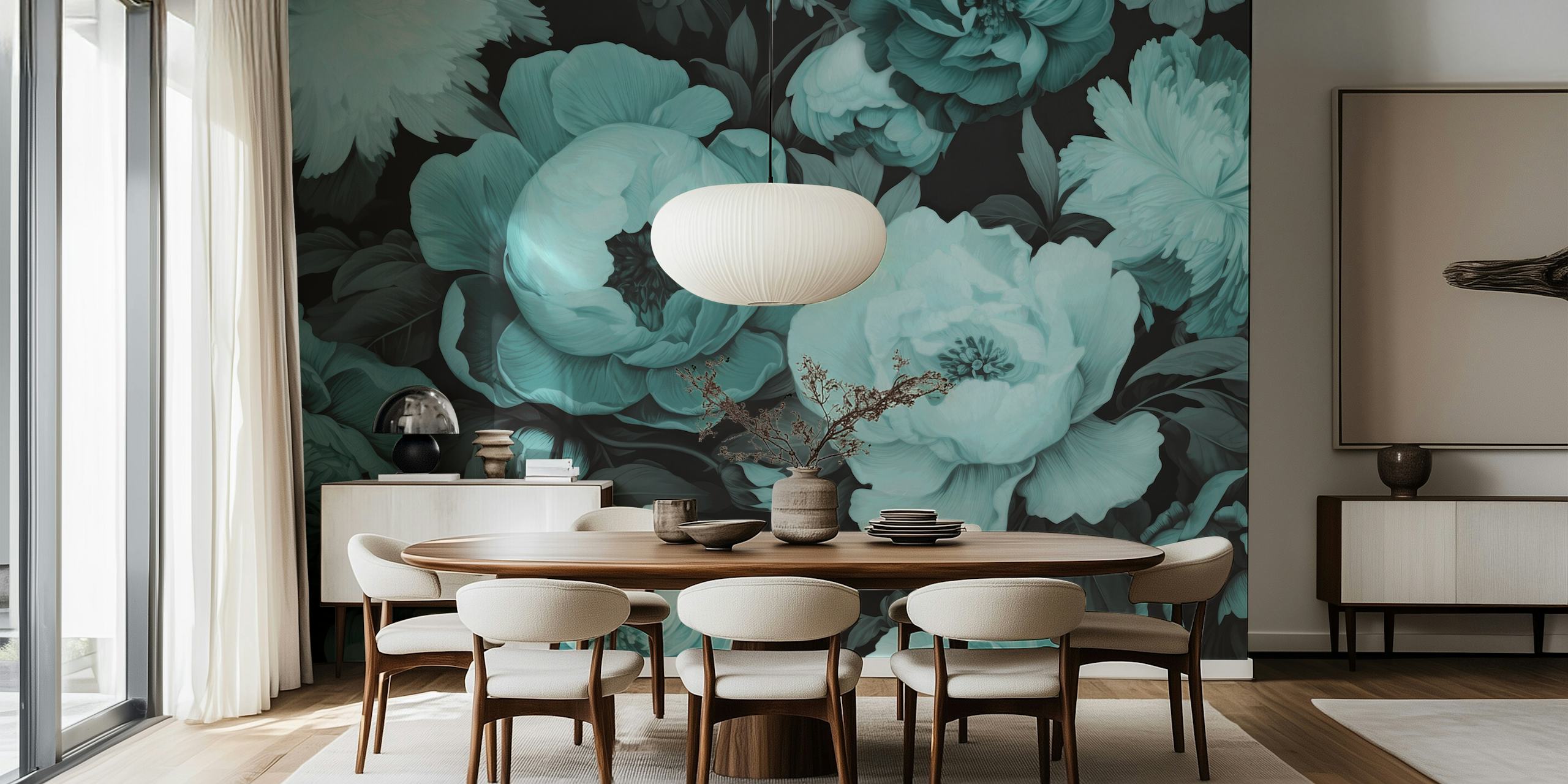 Teal floral wallpaper featuring large blooms and dark leaves