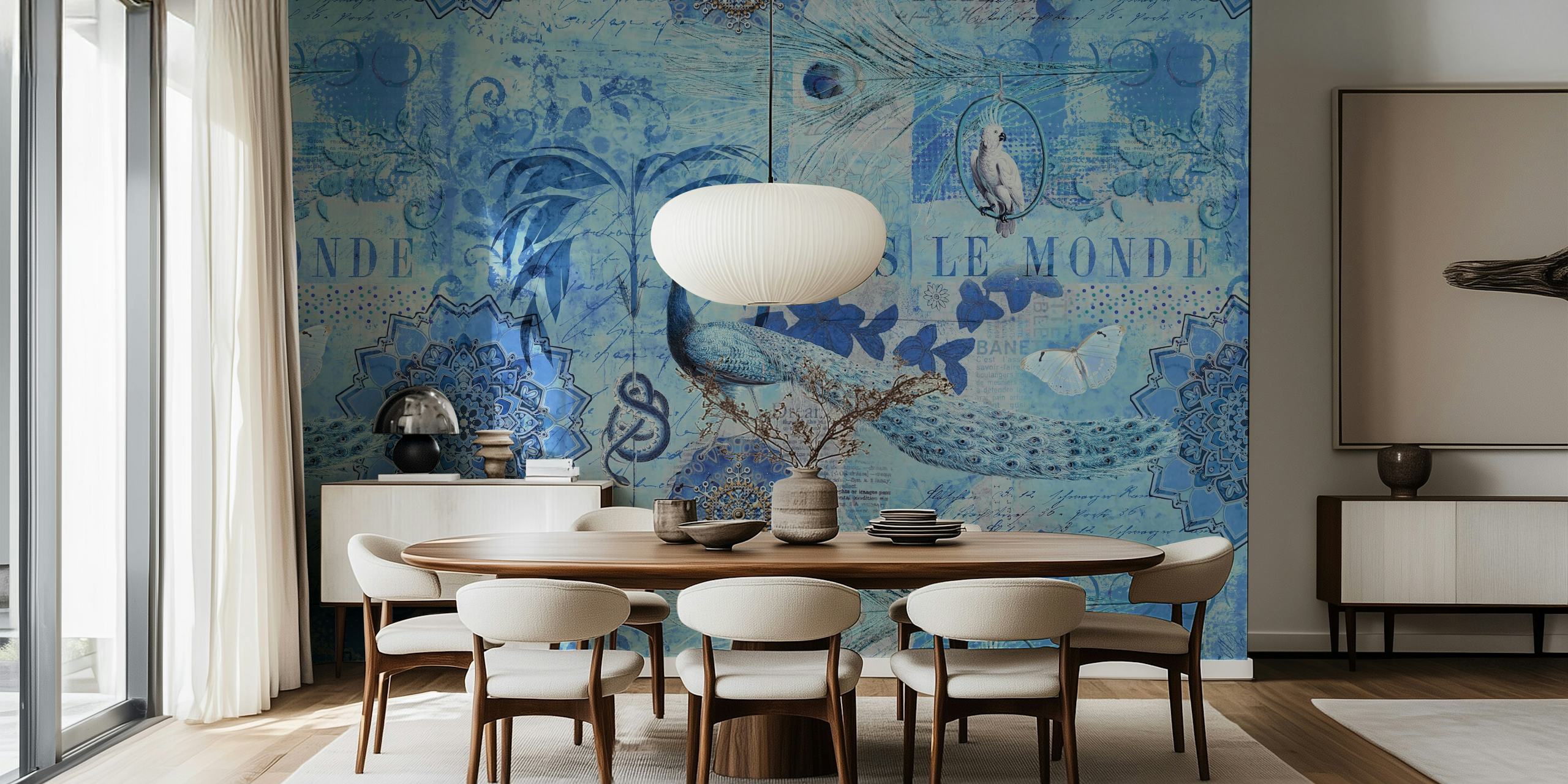 Birds Fantasy World Imaginative Collage Blue carta da parati