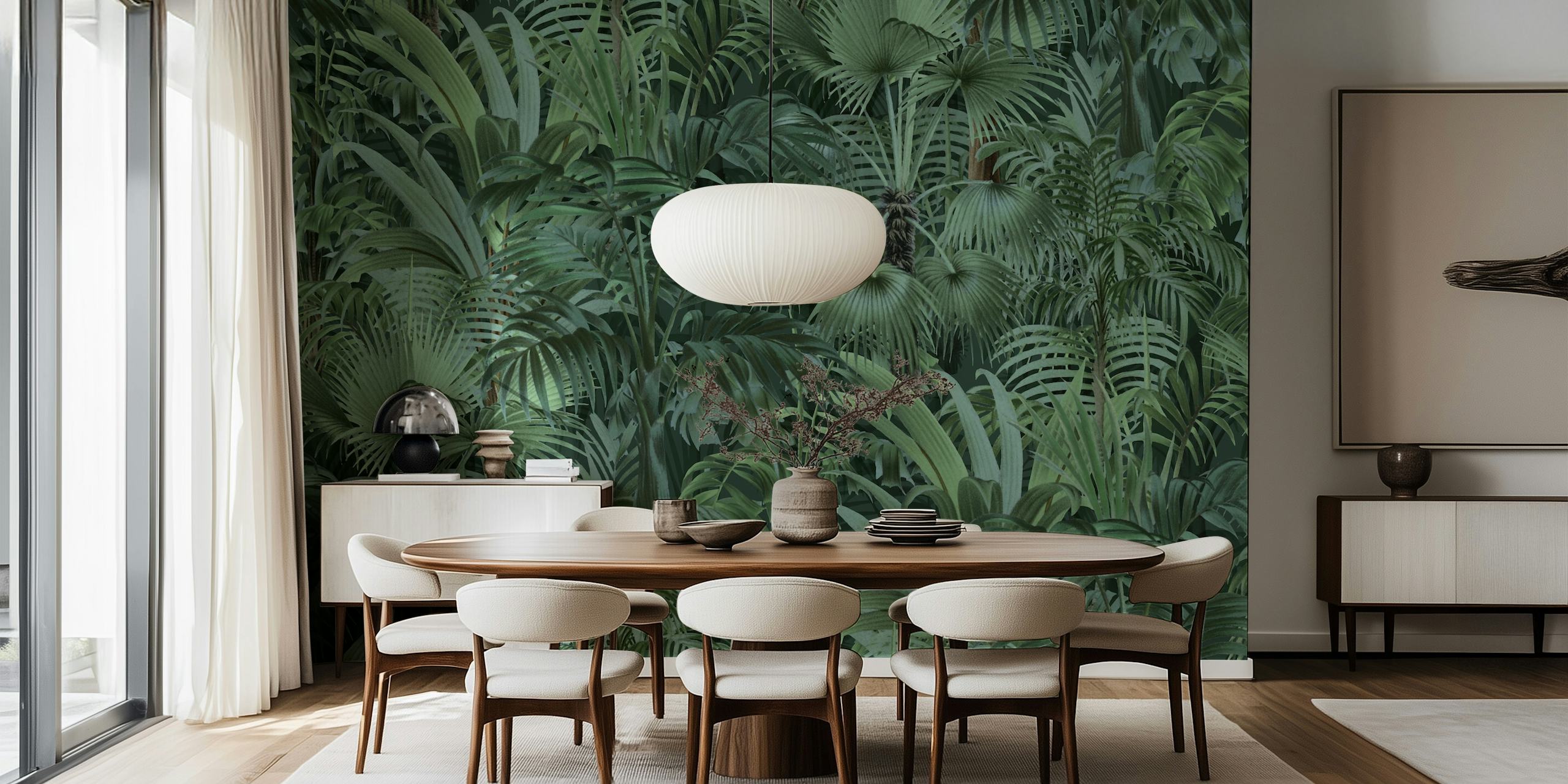 Dense tropical foliage wall mural with varying shades of green, creating an enchanting jungle atmosphere.