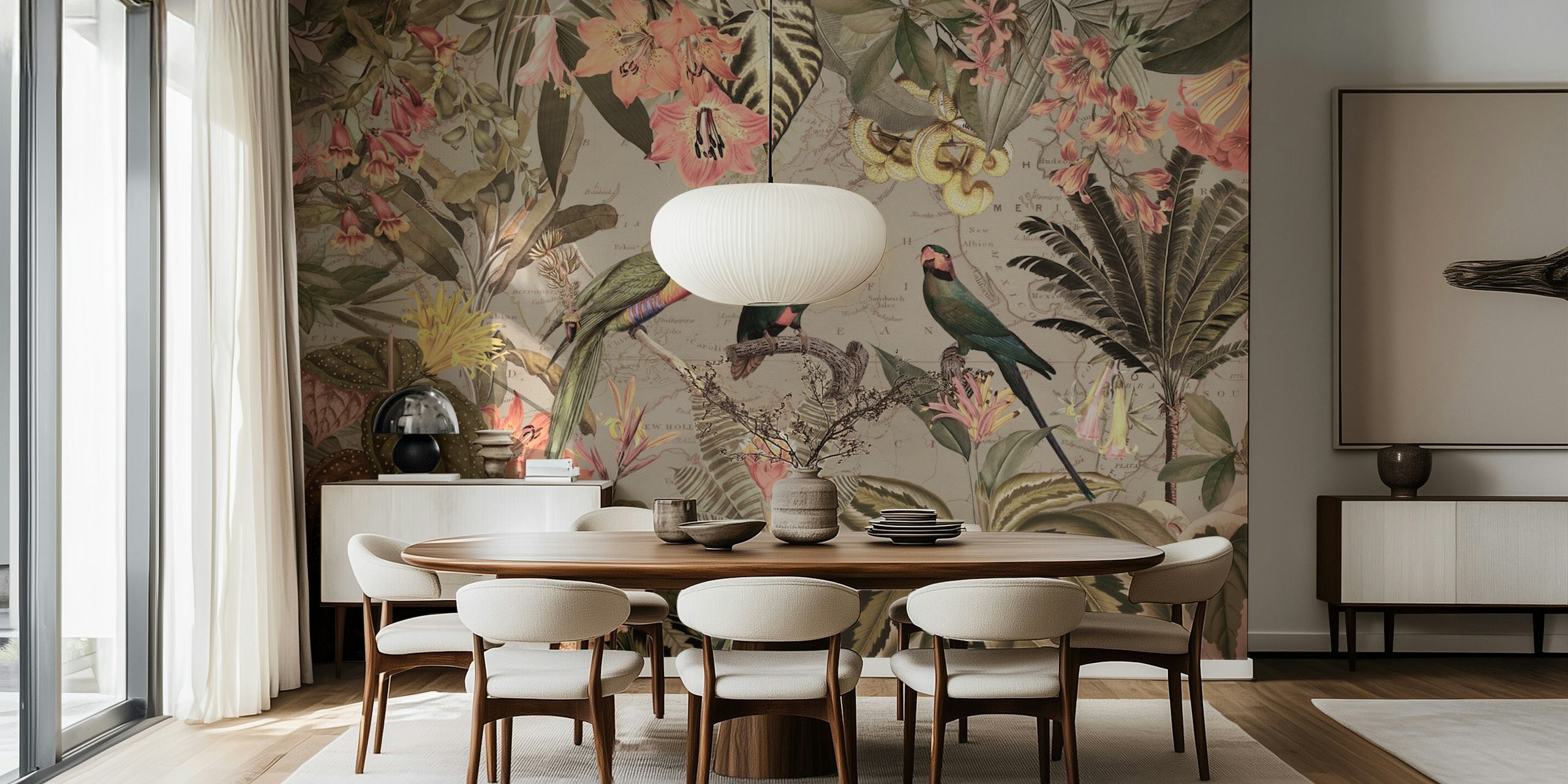 Exotic sepia parrots among tropical flowers and green leaves wallpaper