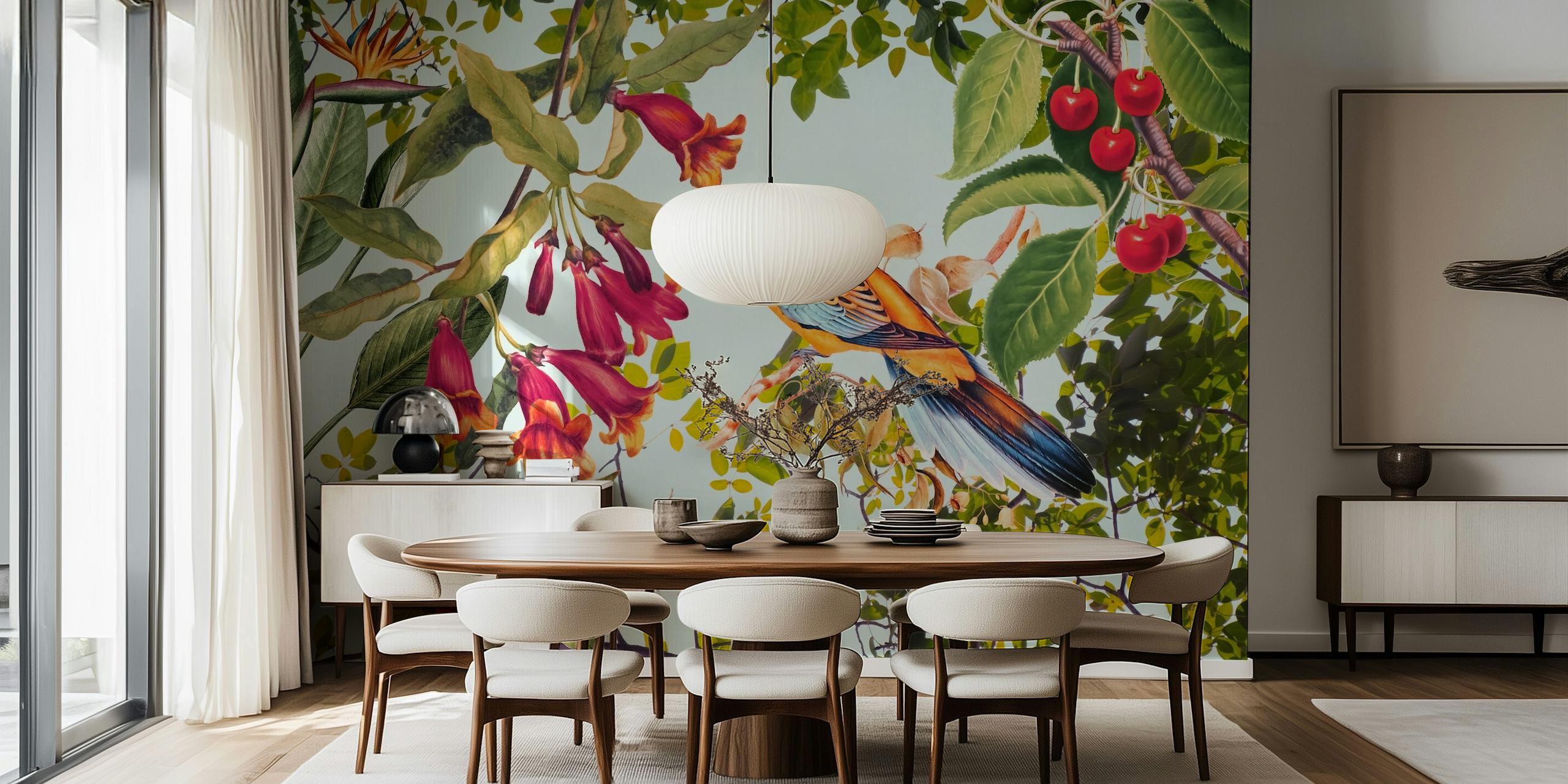 Parakeet entre flores y hojas vibrantes