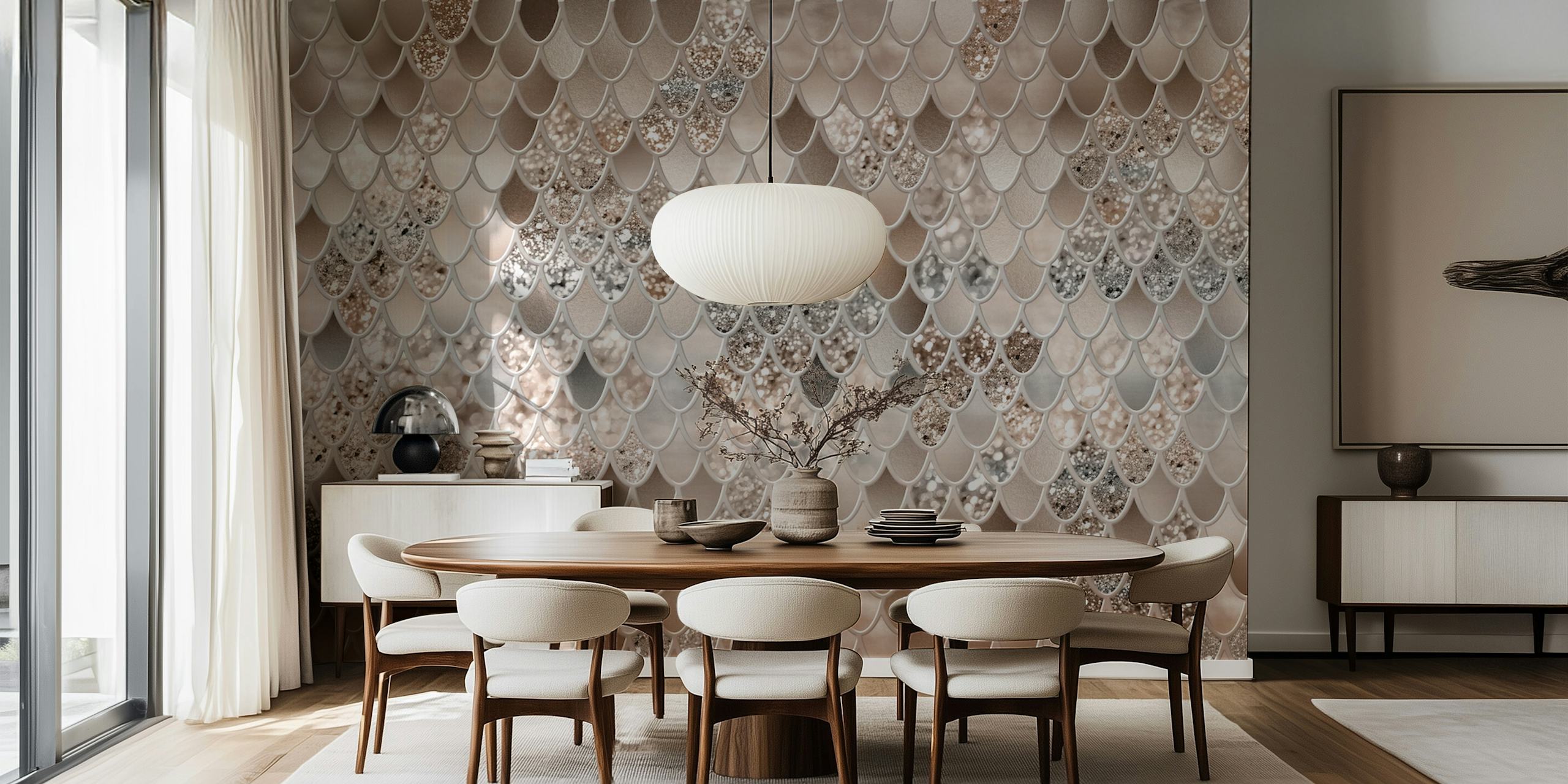 Glamorous mermaid scales in soft pink, gold, and silver wallpaper